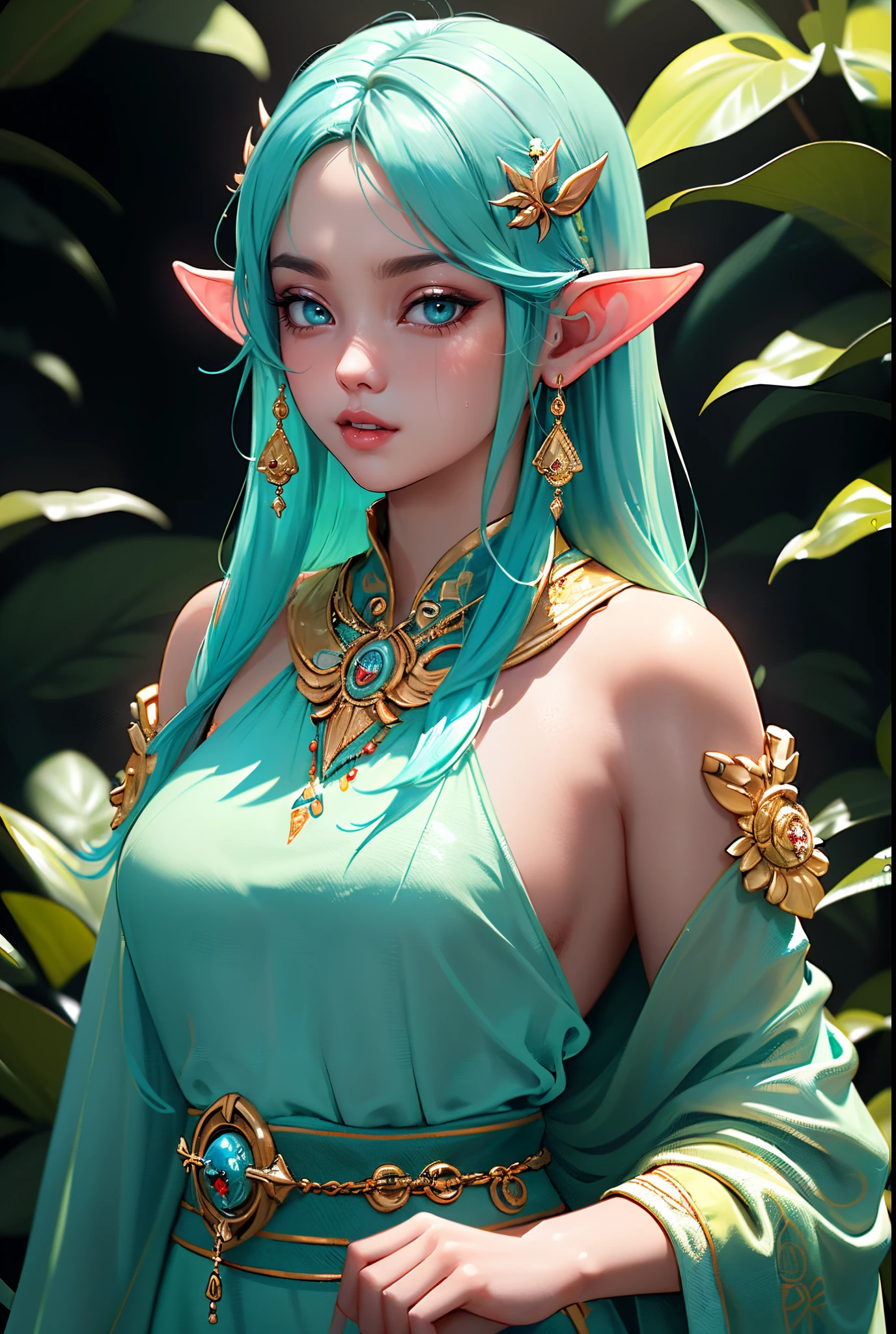 she is a tiger beastkin、Beautiful skins、Hairless pubic area、big eye、green colored eyes、Golden hair、Smaller chest、small areola、