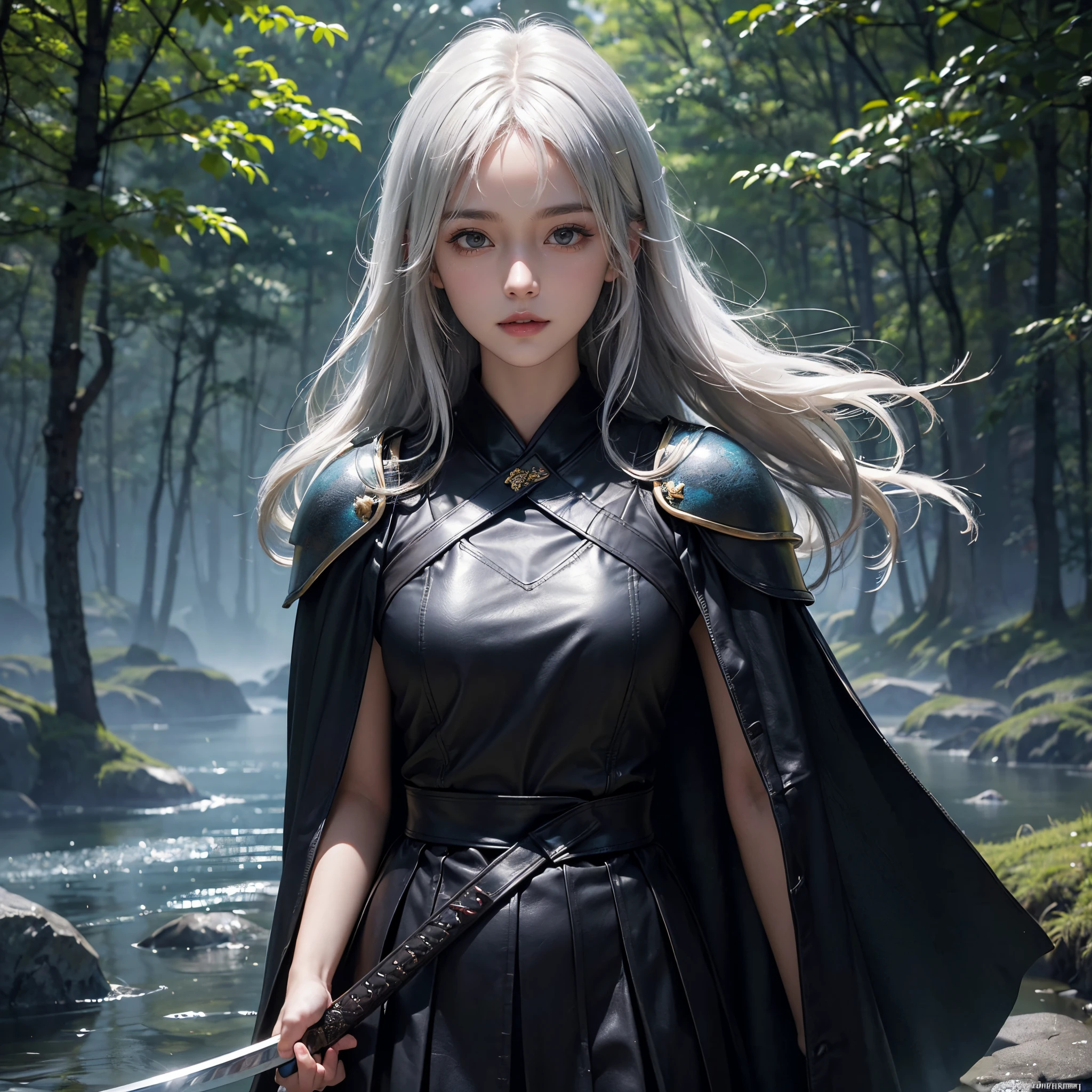 A mysterious and majestic space, On the banks of a spring full of crystal clear water, Otherworldly scenery, In the deep forest, 8K Wallpaper, ((masutepiece, Best Quality, Ultra-detailed)), ((Illustration)), Beautiful woman, (1girl:1.2), ((Solo)), Seductive smile, Dynamic Angle, Beautiful detailed eyes, hairs between eyes, White hair, ((dishevled hair)), Pleated skirt, ((dishevled hair)), 20 years old, Fine skin, real looking skin, (( Black leather armor:1.2)), (( Wear a cloak)), ( Girl with a Japanese sword, Hold a Japanese sword towards the viewer:1.3), (black kneehighs:1.1), Half-body, Beautiful and narrow eyes, Detailedface, More Detail