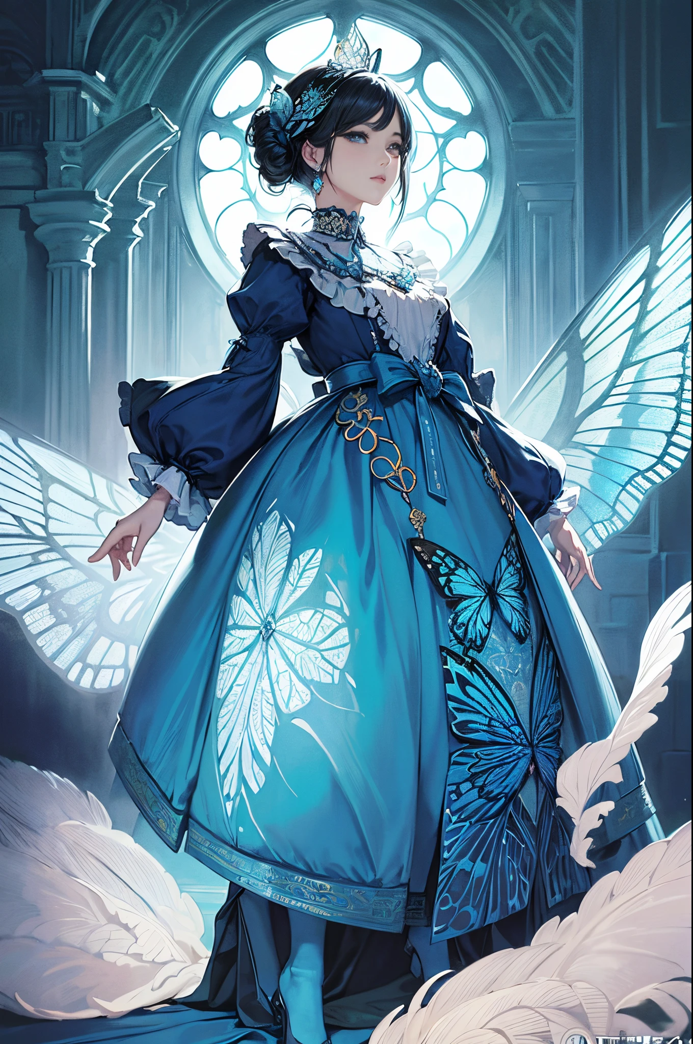 Butterfly motif、Blue Undertone、Vibrant colors、((masterpiece)))、(((top-quality)))、((ultra-detailliert))、(A hyper-realistic)、(highly detailed CGillustration)、Extremely detailed,(Fractal Art:1.1)、Official art、Luxembourg in the early 20th century、Decadent、Madame Papillon、Cool Beauty、Masquerade、sophisticated menegance、Gorgeous、Colorful and detailed mask design、matchless beauty、Fans、gorgeous dress、jewely、Female Solo、Perfect Angle、perfect-composition、full body Esbian、dynamicposes