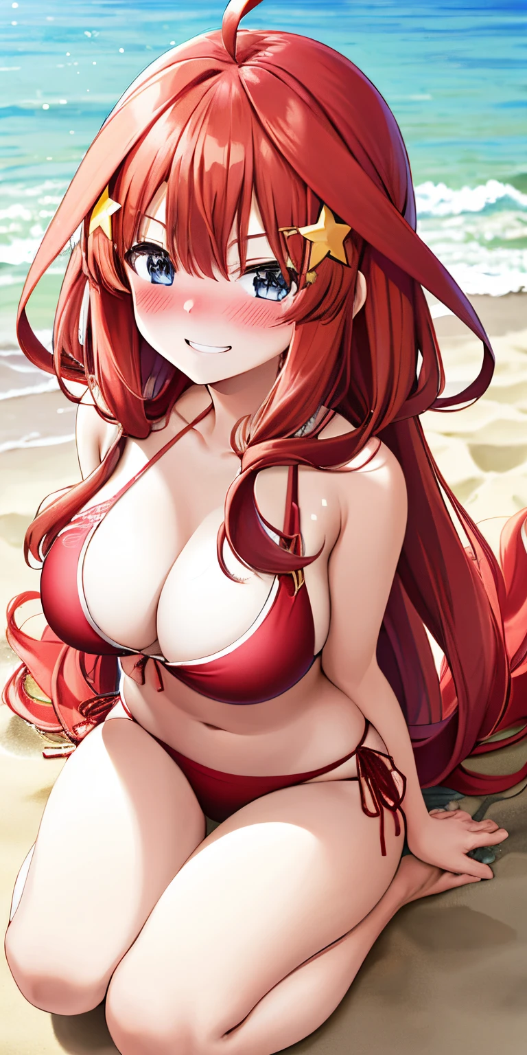 (Best quality:1.3), nakano itsuki, red long hair, star hair ornament, ahoge, bikini, smiling, busty, beach, kneeling, (from above view), (blushing:1.3)