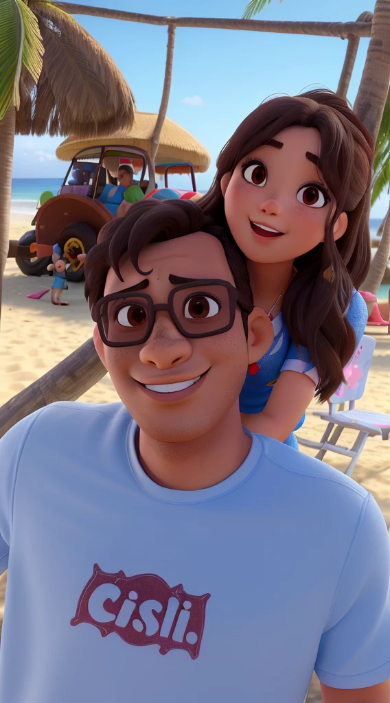 (Casal em uma praia se divertindo),(ele possui a pele em um pouco mais escura), (ele tem apele bronzeada da cor de chocolate),(She has slanted eyes looking Asian), (na camisa possui a escrita JAW), (os dois possuem olhos castanhos)