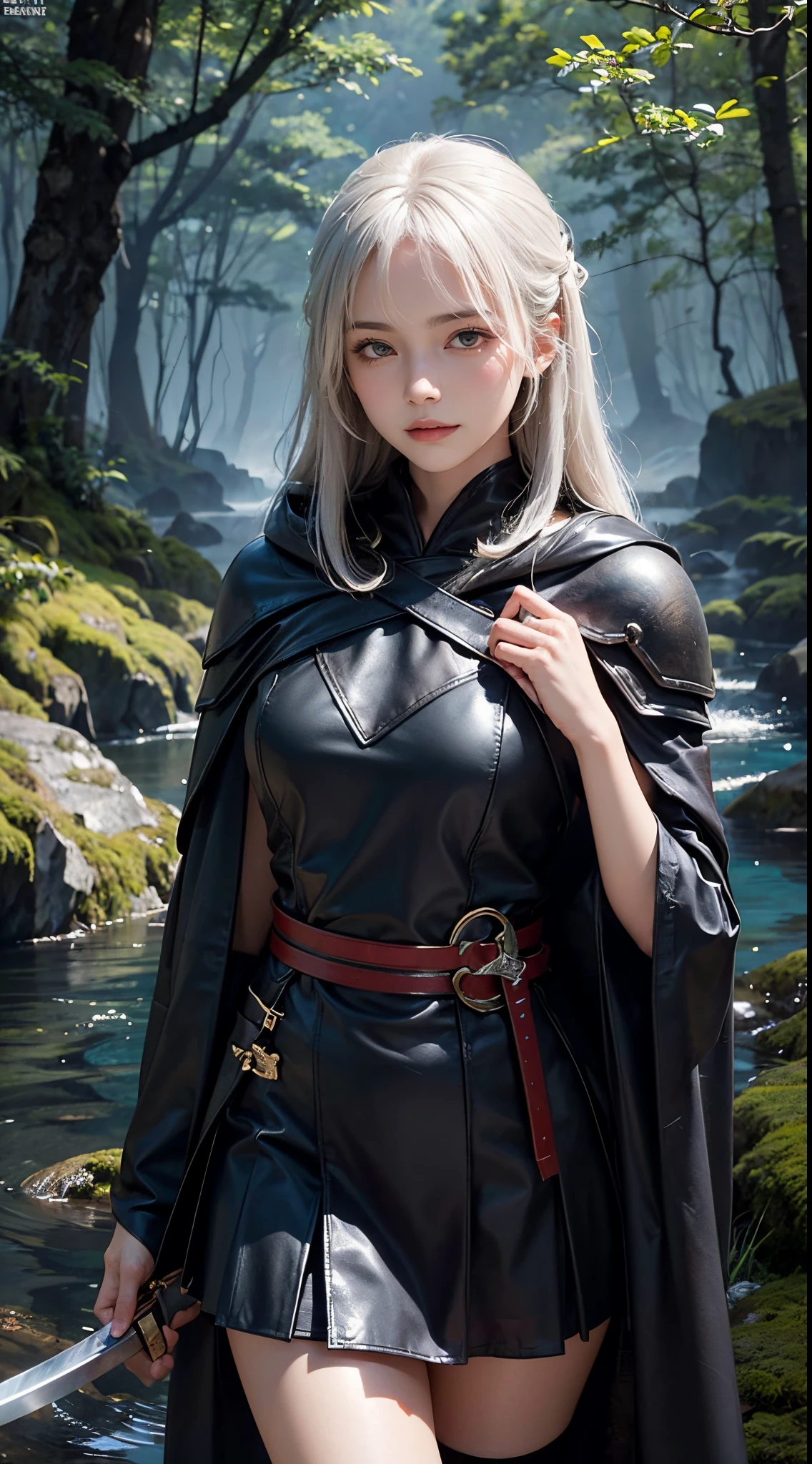 A cave full of glowing moss, A mysterious and majestic space, On the banks of a spring full of crystal clear water, Soak waist-deep in water,Otherworldly scenery, In the deep forest, 8K Wallpaper, ((masutepiece)), (((Best Quality))), ((Ultra-detailed)), ((Illustration)), Beautiful woman, (1girl in:1.2), ((Solo)), Seductive smile, ( deadpan), Dynamic Angle, Beautiful detailed eyes, hairs between eyes, White hair, ((dishevled hair)), Pleated skirt, ((dishevled hair)), 20 years old, Fine skin, real looking skin, (( black leather armor)), (( Wear a cloak)), ((( Girl with a Japan sword))), (( prepare a sword)), (black kneehighs:1.1),Beautiful and narrow eyes,