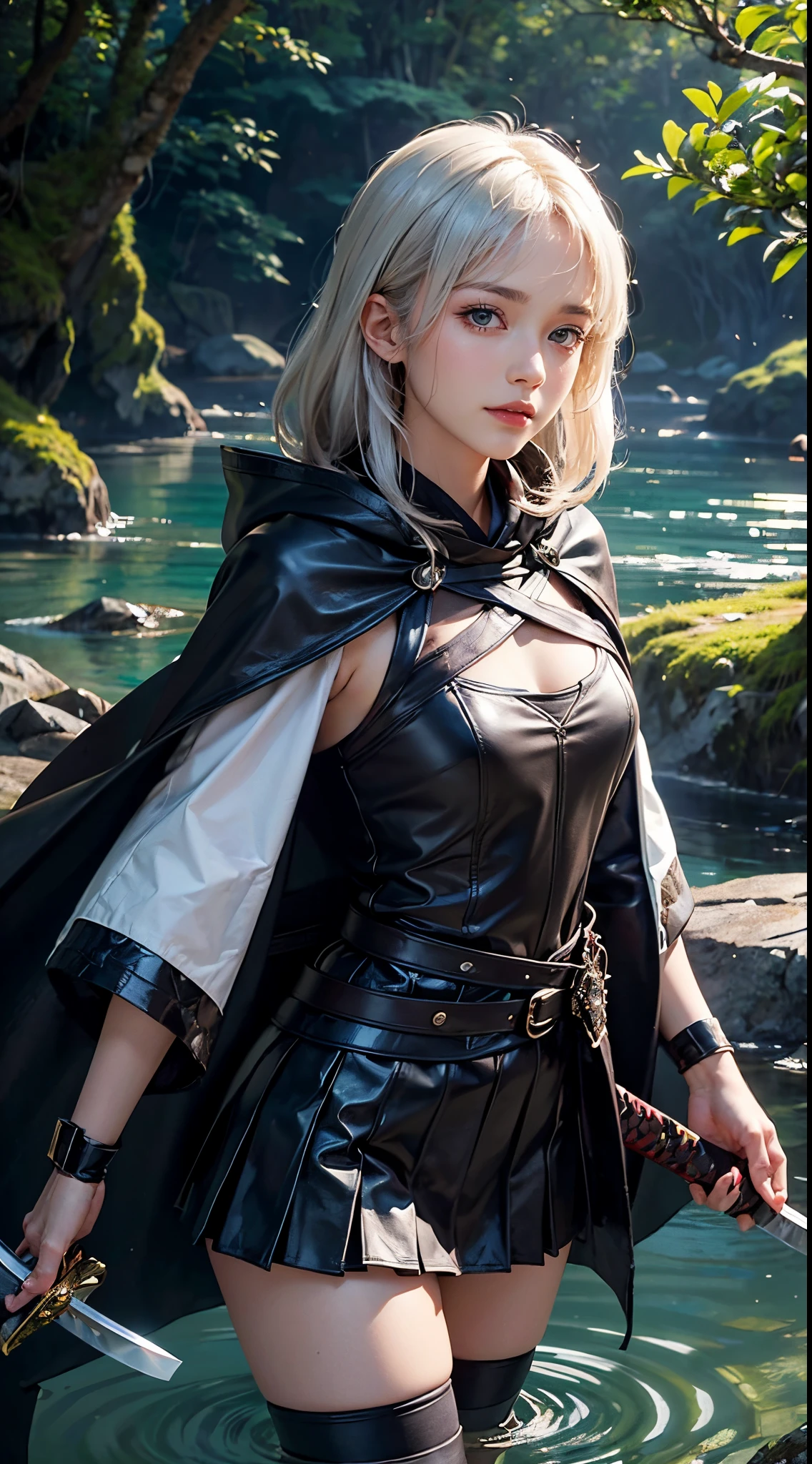A cave full of glowing moss, A mysterious and majestic space, On the banks of a spring full of crystal clear water, Soak waist-deep in water,Otherworldly scenery, In the deep forest, 8K Wallpaper, ((masutepiece)), (((Best Quality))), ((Ultra-detailed)), ((Illustration)), Beautiful woman, (1girl in:1.2), ((Solo)), Seductive smile, ( deadpan), Dynamic Angle, Beautiful detailed eyes, hairs between eyes, White hair, ((dishevled hair)), Pleated skirt, ((dishevled hair)), 20 years old, Fine skin, real looking skin, (( black leather armor)), (( Wear a cloak)), ((( Girl with a Japan sword))), (( prepare a sword)), (black kneehighs:1.1),Beautiful and narrow eyes,