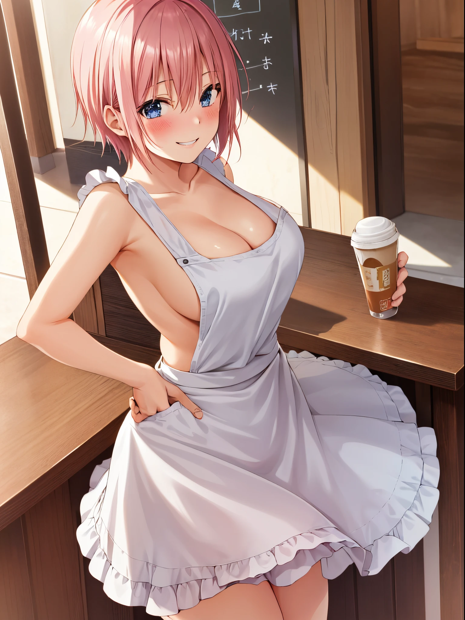 1girl, solo, nakano ichika, pink short hair, (naked:1.3), (white apron), large breasts, cleavage, thighs, cafe background, (blushing:1.2), smiling