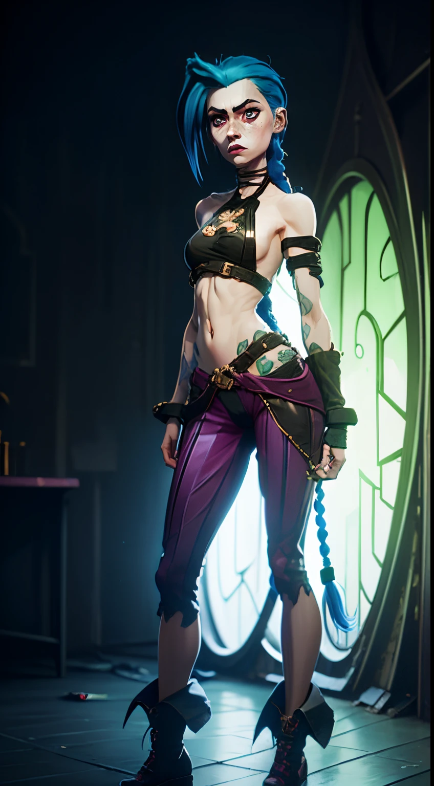 portraite of a, A girl, in full height (Body Full 1.1), Fantasy City, Standing in a fighting posture, holds his fists, palms clenched into fists, close up face, facial focus, enthusiasm, closeup face, glow in the dark paint, Dark tones, Dark blue background, Arcane style, Arcane's Jinx (character design 1.1.), very long blue braids, two very long tails of hair, Very detailed. Anime style, The secret of animation, gloomy composition, The Gloomy Room, luminescent paint on the walls, drawings on the walls, glowing pink eyes (highly detailed glowing pink eyes, pink pupils 1.1), Pink pupils, very detailed eyes, Beautiful figure, a 1girl, Beautiful figure (Proper Anatopy 1.1.), Slender figure, shapely legs, Blue hair, hairlong, Skinny black leather pants, Very detailed face, Very beautiful face, Very sexy ass, in full height (Body Full 1.1), small elastic breasts, Little ass, Beautiful slim figure, small buttocks, black tight suit, tmasterpiece,beste-Qualit,higly detailed,Visible to the feet, 8K resolution