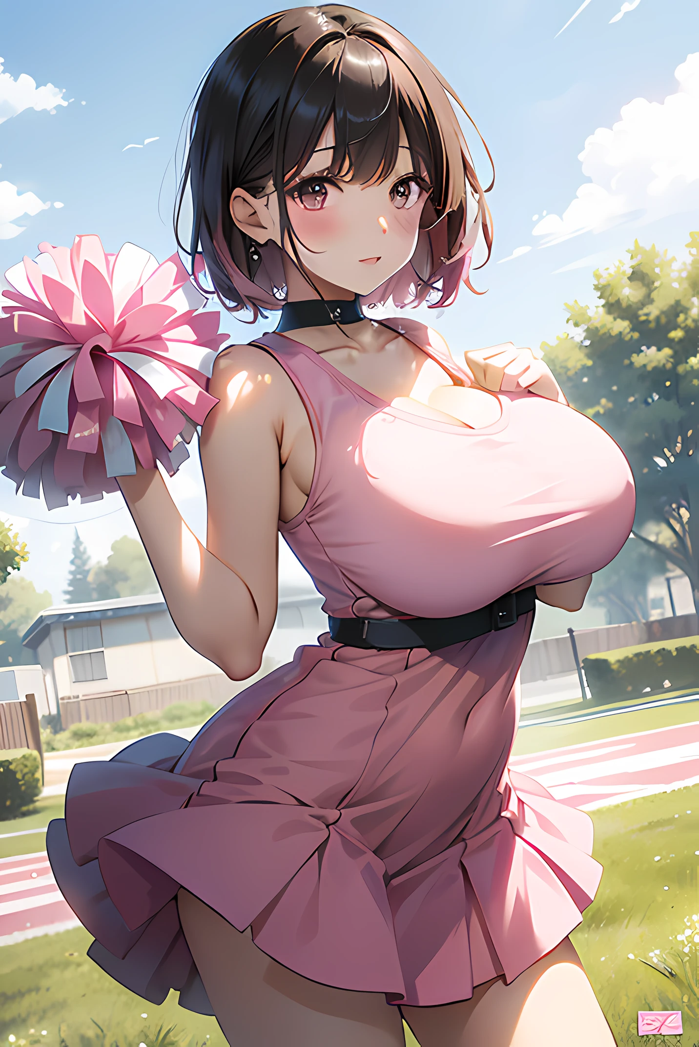 pose for the camera in the garden、Illustration of a girl wearing a cheerleading costume, 1girl in, Solo, pompoms (cheer leading), cheer girl, pink footwears, Brown hair, shoes, Pink skirt, Realistic, Arm up, Absurd, 8K, High resolution, ultra-detailliert, Beautiful, masutepiece, Best Quality, Very pretty woman, 年轻, Black hair, (pink revealing dress:1.5), Sexy, (Very big breasts:1.5), (Short hair:1.1) Detailed female face, Very attractive,