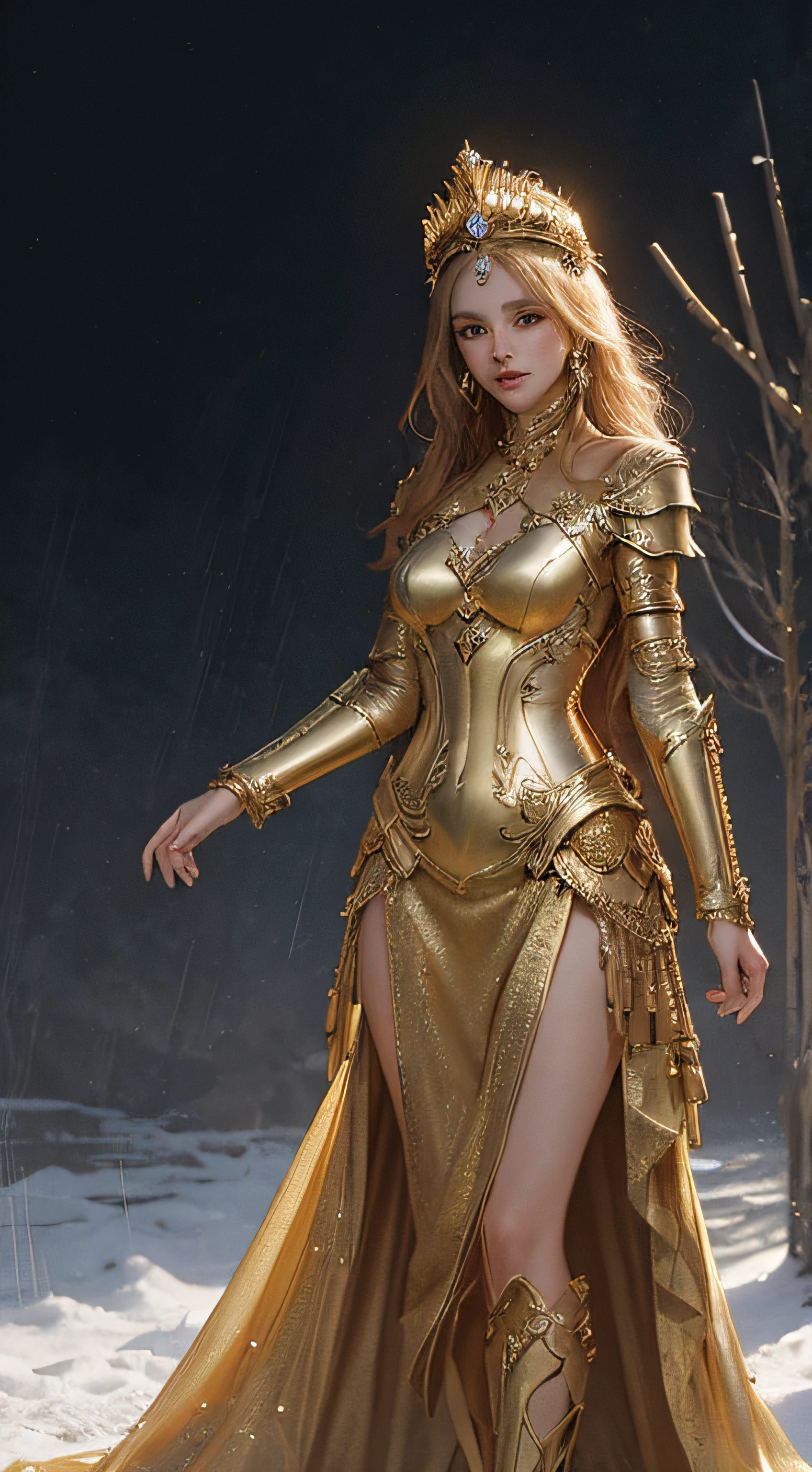 Woman in a golden dress, True Art Station, Rainstorm site, detailed fantasy art, Stunning character art, Beautiful and exquisite character art, Beautiful golden armor, Extremely detailed, Girl in shiny armor, Exquisite headdresses and jewelry, Full body capture,
