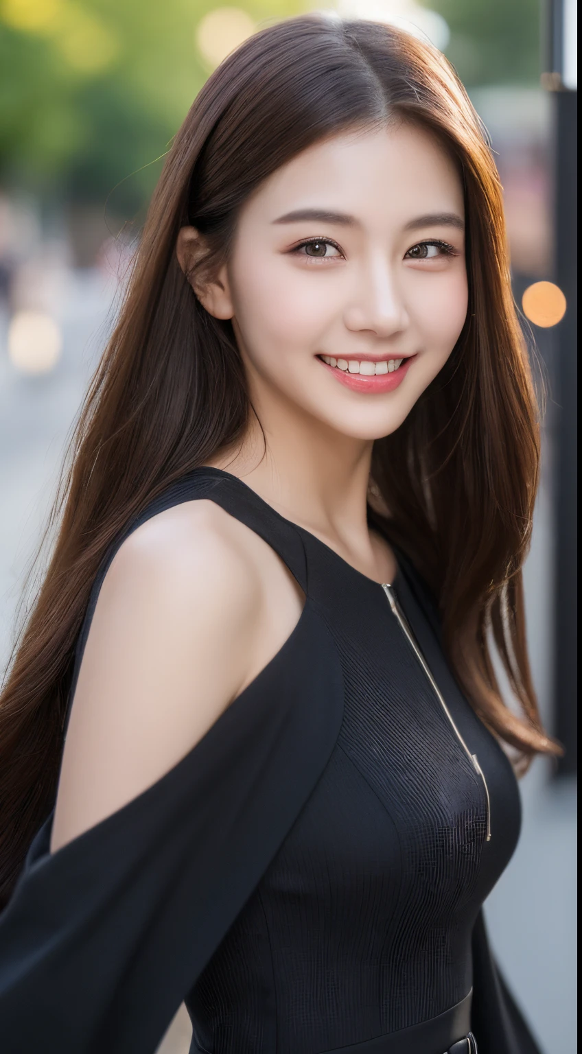((Best quality, 8k, Masterpiece :1.3)), 1girl, smiling, full body, slim face, Pretty woman, (Dark brown hair), full length dress :1.1, Ultra-detailed face, Detailed eyes, Double eyelid, blur background, slim face, city, outside, street,
