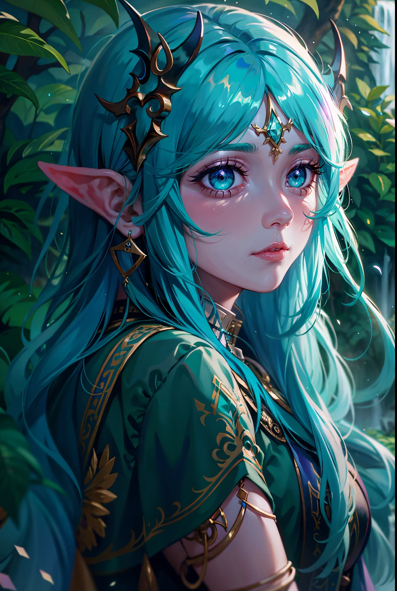 Sweet Face,Glowing Eyes, Elven Ears,teal hair, Purple And Green outfit, Waterfall background, Highest Quality, Raytraced 8k, Wallpaper, Highest Graphical Quality,