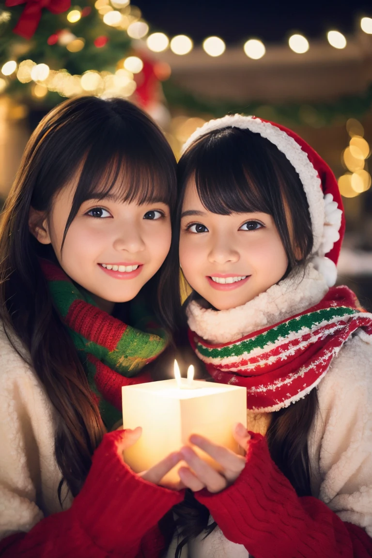 (Best Quality,Photorealistic,hight resolution),2girls,Beautiful detailed eyes,Beautiful detailed lips,Smiling,Laughing,Cute,Christmas Eve,Happy,having fun,Winters,Joyful,excited,Twinkling lights,Decorated Christmas Tree,clew,cosy atmosphere,Warm fireplace,magical moments,sparkling stars,Glowing candles,snowflakes falling,ground covered with soft snow,colorful holiday decorations,red and green colors,Elegant dresses,Fluffy scarves,Happy memories,cherish sisterhood,love and laughter、-yeld sirs、a baby face、Looking at the camera、Present Box