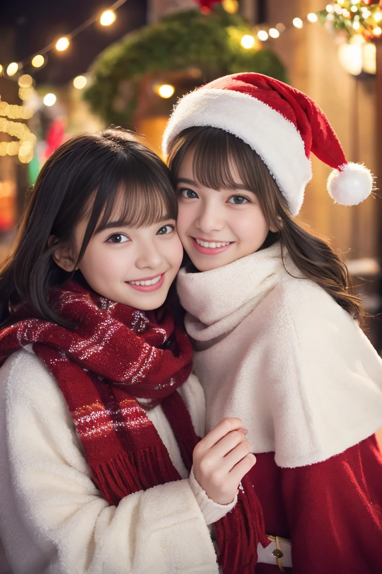 (Best Quality,Photorealistic,hight resolution),2girls,Beautiful detailed eyes,Beautiful detailed lips,Smiling,Laughing,Cute,Christmas Eve,Happy,having fun,Winters,Joyful,excited,Twinkling lights,Decorated Christmas Tree,clew,cosy atmosphere,Warm fireplace,magical moments,sparkling stars,Glowing candles,snowflakes falling,ground covered with soft snow,colorful holiday decorations,red and green colors,Elegant dresses,Fluffy scarves,Happy memories,cherish sisterhood,love and laughter、-yeld sirs、a baby face、Looking at the camera、Present Box