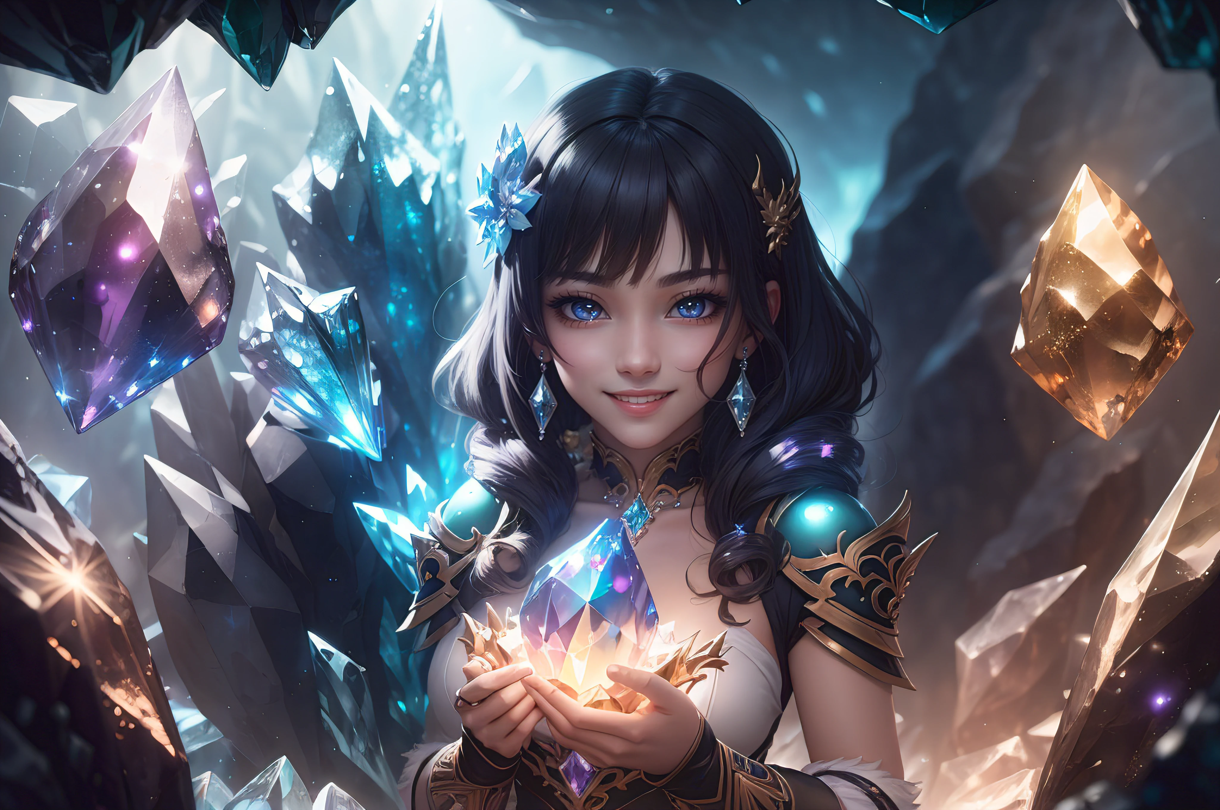 best quality, 4k, 8k, highres, masterpiece, ultra-detailed, realistic, photorealistic, photo-realistic, 1girl, adventurer, crystal cave, crystal, happy, smile, ore, colorful