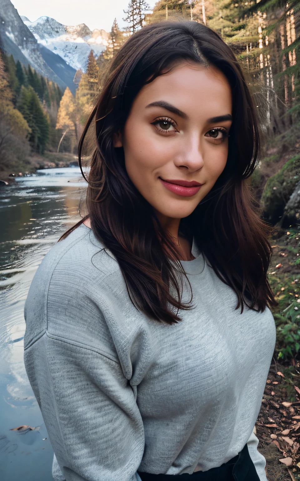 Photorealistic, ultra - detailed, Beautiful woman, Selfie Photos, Upper body, Solo, wearing pullover, Outdoors, mountain scene, The essence of real life, (Hefty Smile、brunette color hair、twenty years old、cheerful medium breasts, flashlights, forest, Boulders, River, wood, Smoke, Crystal clear sky, analogue style, view the viewer, filmgrain, Close up, Best shadow, primitive, Instagram LUT