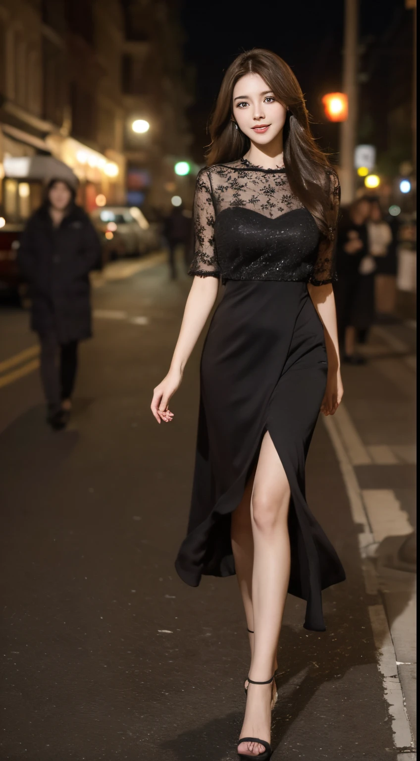 ((Best quality, 8k, Masterpiece :1.3)), 1girl, smiling, full body, slim face, Pretty woman, (Dark brown hair), full length dress :1.1, Ultra-detailed face, Detailed eyes, Double eyelid, blur background, slim face, city, outside, street,