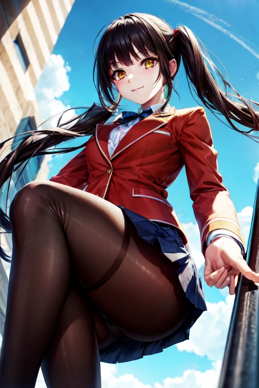 kurumitokisaki, tokisaki kurumi, clock eyes, black hair, twintails, (red eyes:1.2), (yellow eyes:1.3), heterochromia, (small breast:1.3), smile, BREAK school uniform, jacket, pantyhose, pleated skirt, black pantyhose, BREAK looking at viewer, BREAK outdoors, city, BREAK (masterpiece:1.2), best quality, high resolution, unity 8k wallpaper, (illustration:0.8), (beautiful detailed eyes:1.6), extremely detailed face, perfect lighting, extremely detailed CG, (perfect hands, perfect anatomy), ((Sky from below:1.4))