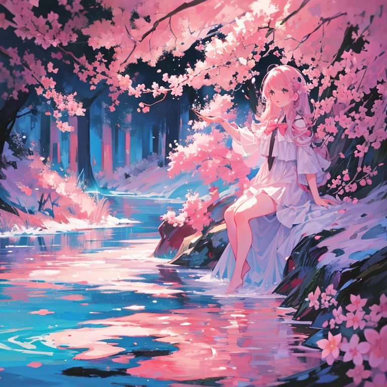 A cherry blossom forest on a planet full of water