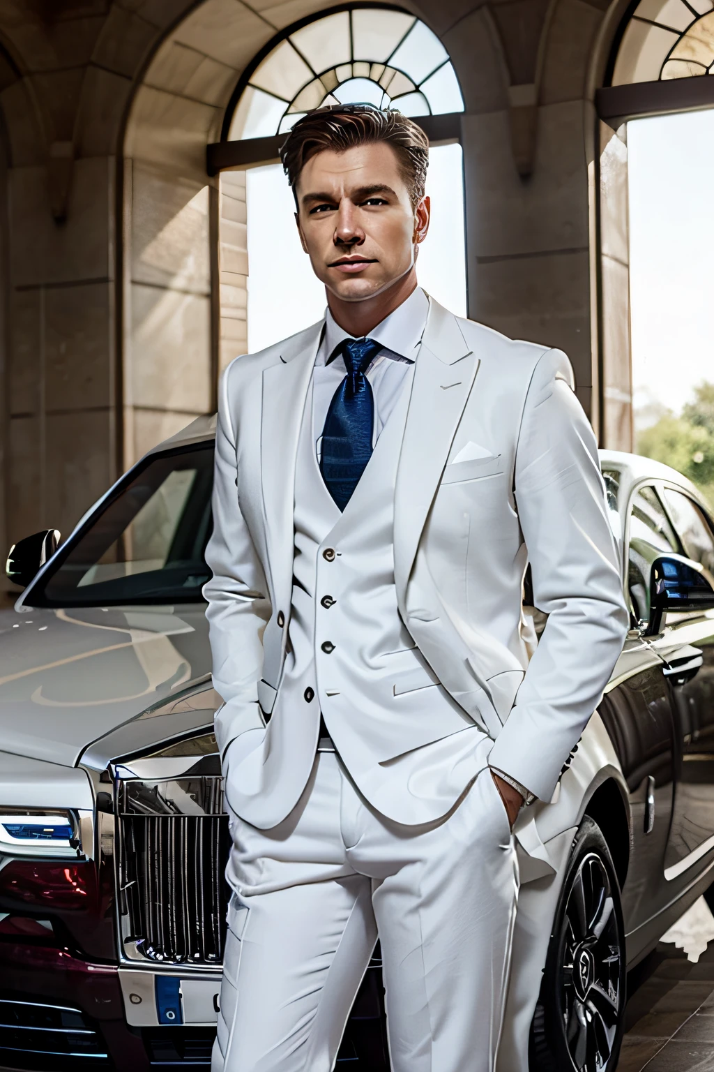 A white man in a beautiful and expensive suit standing near his Rolls-Royce