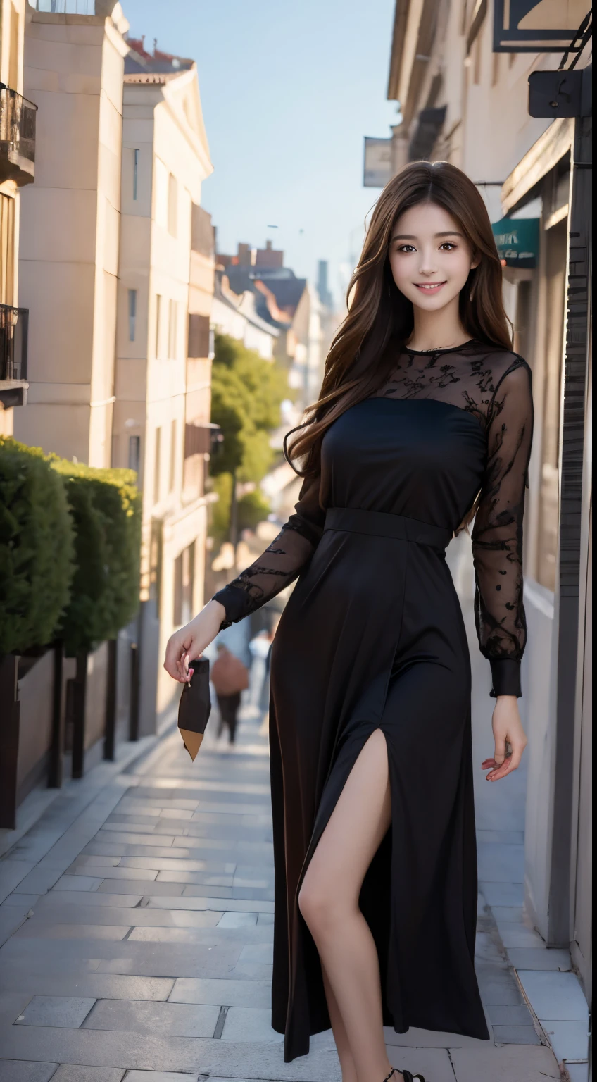 ((Best quality, 8k, Masterpiece :1.3)), 1girl, smiling, full body, slim face, Pretty woman, (Dark brown hair), full length dress :1.1, Ultra-detailed face, Detailed eyes, Double eyelid, blur background, slim face, city, outside, street,