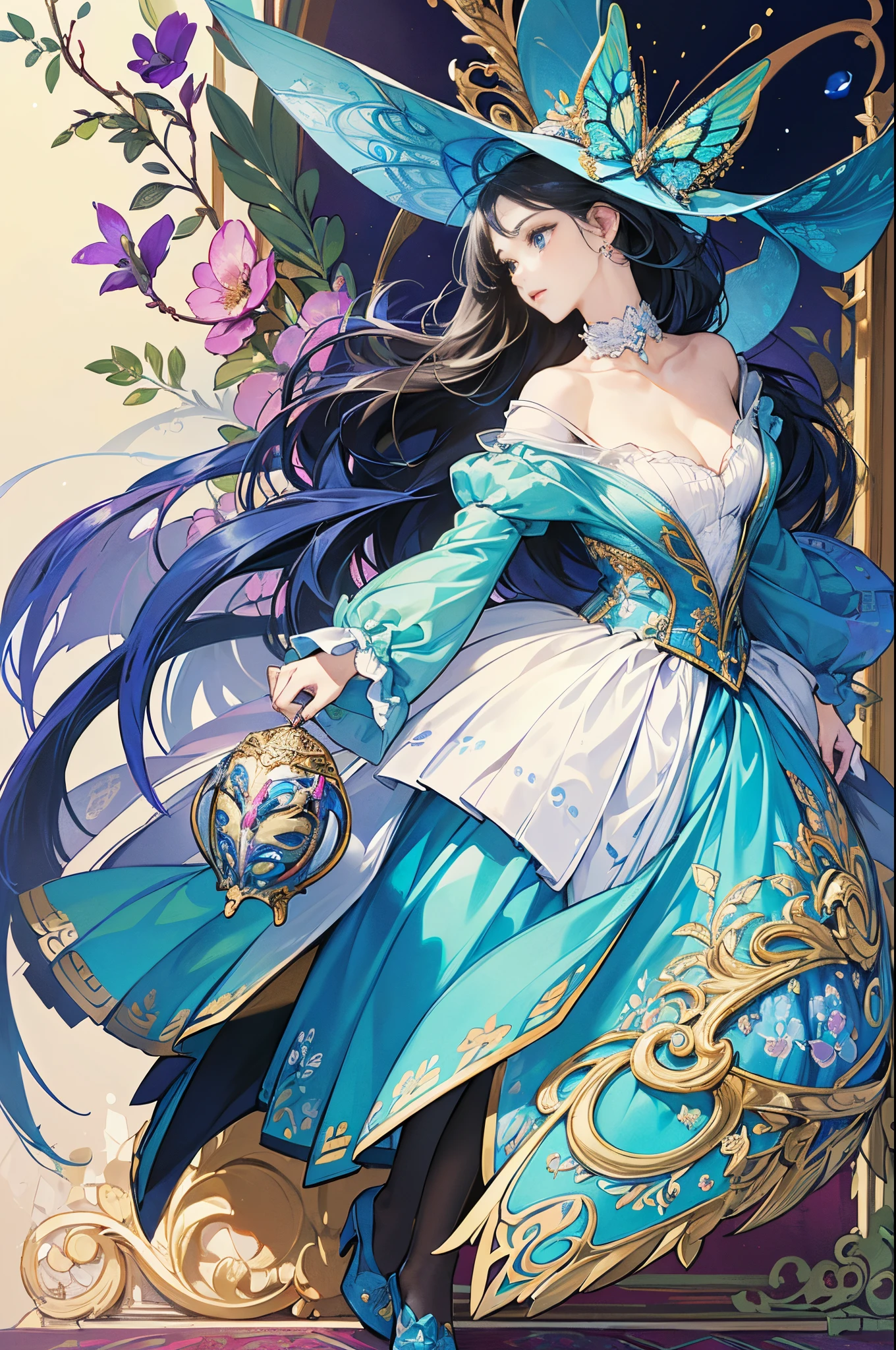 Butterfly motif、Blue Undertone、Vibrant colors、((masterpiece)))、(((top-quality)))、((ultra-detailliert))、(A hyper-realistic)、(highly detailed CGillustration)、Extremely detailed,(Fractal Art:1.1)、Official art、Luxembourg in the early 20th century、Decadent、Madame Papillon、Cool Beauty、Masquerade、sophisticated menegance、Gorgeous、Colorful and detailed mask design、matchless beauty、Fans、gorgeous dress、jewely、Female Solo、Perfect Angle、perfect-composition、full body Esbian、dynamicposes