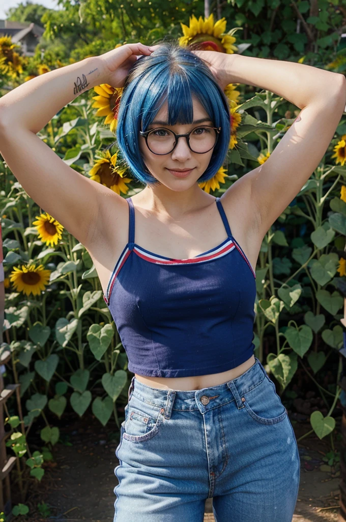 cute girl, round glasses, sunflower field, happy, cheerful, red striped top, blue jeans, hands in air, blue hair, bob cut,