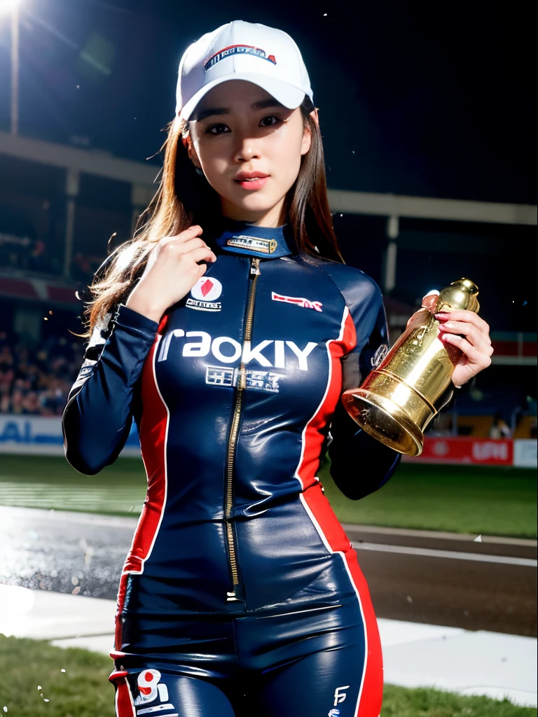 (realisitic、Photorealsitic:1.37)、(8K、Raw photography、top-quality、masterpiece:1.2)、Very cute woman、ultra-detailliert、Heart-shaped pupil、physically-based renderingt、超A high resolution、Kodak Vision Color、Captured with an Arricam LT camera、bokeh dof、foco nítido、(((Correct anatomy:1.2)))、best quality, ultra detailed 8k illustration, japanese animetion character design, masterpiece, high resolution, extremely detailed, dynamic angle, upper body,(early twenties lady, straight long hairstyle, cool:1.2, racer:1.3, holds trophy in both hands and raises it above her head:1.5 , wearing racing suits and racing cap, Crying with joy), circuit, podium,lots of team stuff:1.3, Lots of confetti falling in the background, depth background
