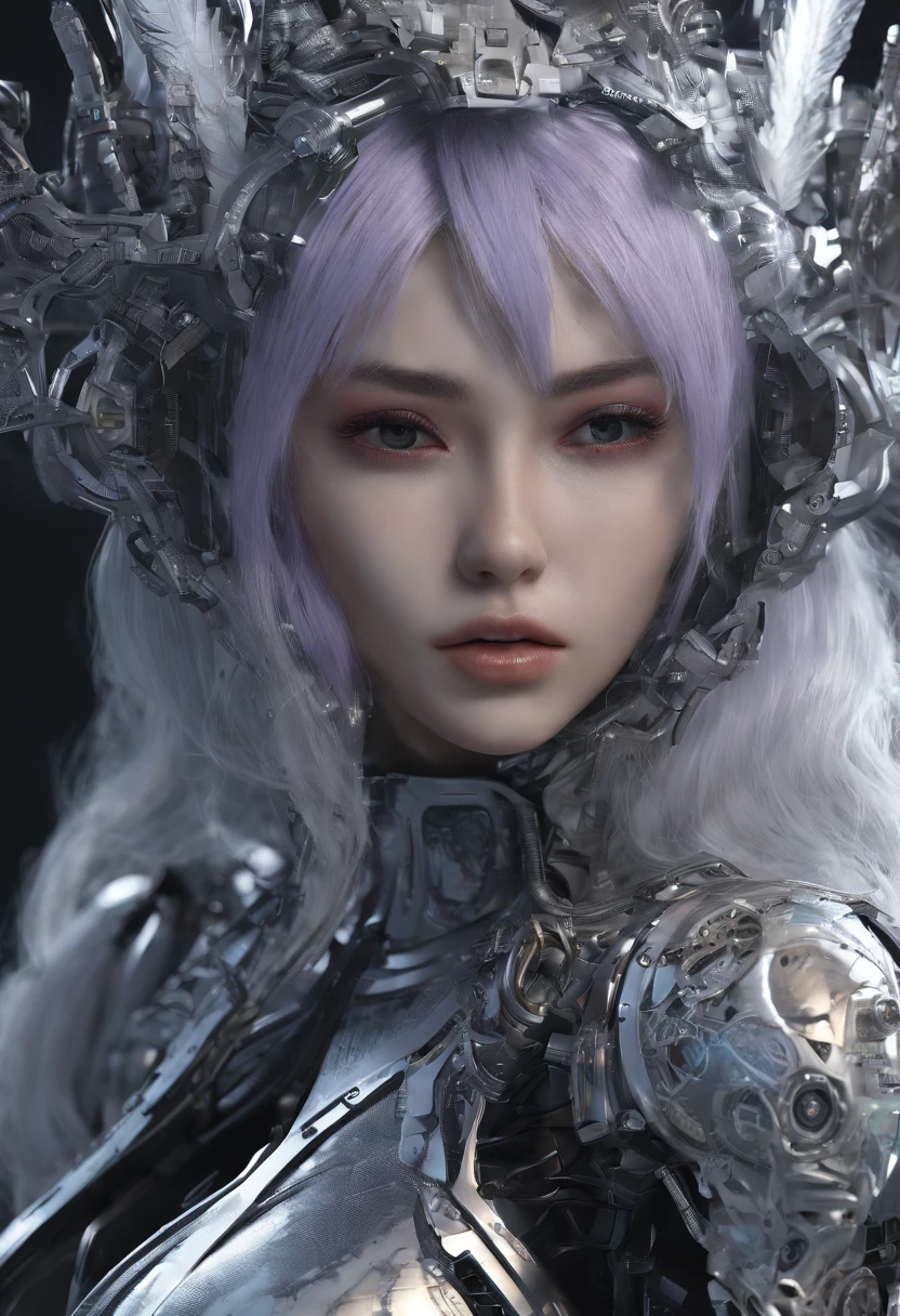 top-quality、masterpiece、超A high resolution、(Photorealsitic:1.4)、Raw photo、Battle Cyborg Angel、large wings made of metal、White porcelain body、Acrylic Clear Cover、white hair、glowy skin、1 Cyborg Girl、((super realistic details))、portlate、globalillumination、Shadow、octan render、8K、ultrasharp、character edge light,Colossal tits、Raw skin exposed in cleavage、Details of complex ornaments、Gothloli details、Hydraulic cylinder、Small LED lamp、highly intricate detail、Realistic light、a purple eye、radiant eyeacing the camera、neon details、cowboy shot、Futuristic headgear、About Cyberpunk、、