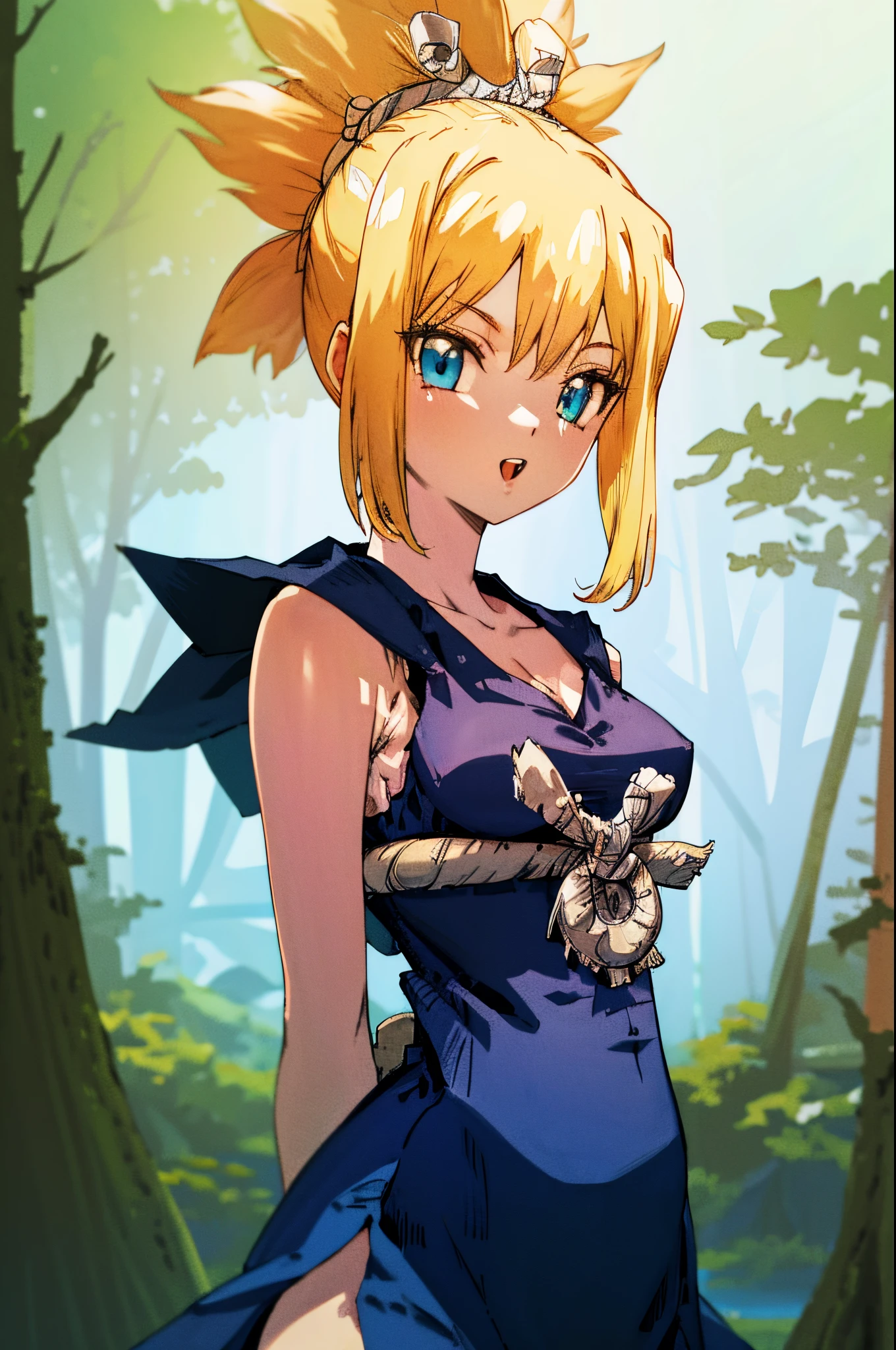 masuter piece, Best Quality, 超A high resolution, top-quality, Anime style, The best lighting, Beautiful face, Upper body, 1girl in, Tattered sleeveless dress, Clothes are purple, cleavage, arms behind back, kohaku, Blonde hair, Blue eyes, Small breasts, Solo, Standing, Background in the forest, You can see the sea in the distance, Laughing, Amber eyes