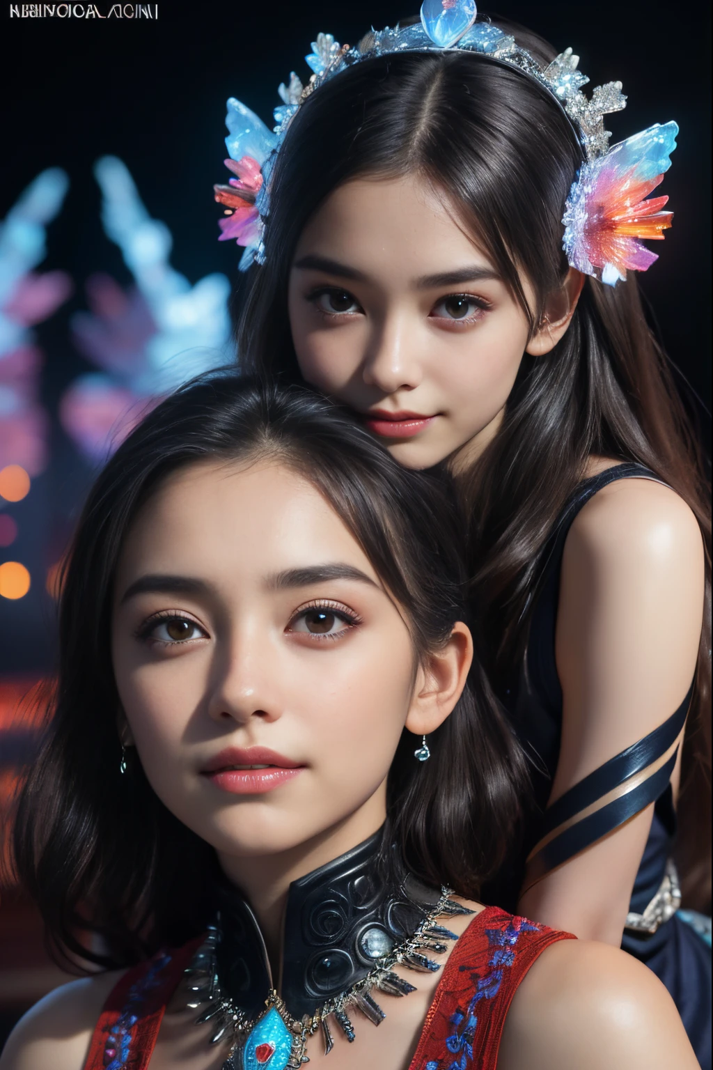 (Two beautiful age italian girls:1.6), Close friends, (They are hugging each other:1.2), Kiss her cheek or chest,(Detailed iridescent bodysuit with beautiful fractal or marble design:1.5), Incredible and spectacular scenes, ((High quality)), ((Detailed)), ((Fantasy)), Blue Plasma Brain, Green Plasma Body, Showing her armpits, beutiful breast, obscenity, (Lewd smile:1.2), coarse, Obscene, mean, (raunchy:1.2), (Immoral:1.2), Lachish, (small breasts with beautiful raised pink areolas,,,,,,,,,,:1.5), (Camel toe), (Expression of ecstasy:1.2), Photorealistic, Official art, Unity 8K Wall , 8K Portrait, Best Quality, Very high resolution, (Incredibly beautiful nature background:1.6), (18 years old:1.5), (Sexy and glamorous:1.1), (A coquettish expression:1.6), (seductively smiling:1.6), (erotic posing:1.9), (Model Posing:1.8), Beautiful seductive face, Portrait, (Thick eyebrows:1.4), (Big scarlet eyes:1.6), Beautiful eyes with fine symmetry, (Ultra detailed eyes:1.4),(Highly detailed face and eyes:1.7), (High-resolution red-eye:1.8), Intimate face, (ultra detailed skin texture:1.4), White skin, pale skin, Perfect Anatomy, Thin, (Beautiful toned body:1.5), Highly detailed hair, (Moist skin:1.2), No makeup, (dark circles:1.1), Good anatomy, Focus Face, good-looking, (Emilia Clark:0.6) (Emma watson:0.3),(Jennifer Connelly:0.4), ( Face:1.5), Elegant face, Nice, (A delicately crafted necklace wrapped around her neck............), (Bioluminescence with brilliant brilliance:1.4), (Luminous magic circle:1.5), Ruins of an ancient castle, Shining majestic cloud masses and sky, lightning bolt, Epic Realistic, (Greg Rutkowski:0.8), (teal and orange:0.4), (Art Station:1.5), Cinematic, (NSFW:1.2), Hyper Detailed, Dramatic light, (Intricate details:1.1), Beautiful black hair, (Wearing a gauntlet with a dense and very beautiful design decorated with jewels:1.1), Small chest, Galaxy, (nebulas:1.6), (Beautiful frame with no frills:1.2), The Dark Knight, Fully armored body focus