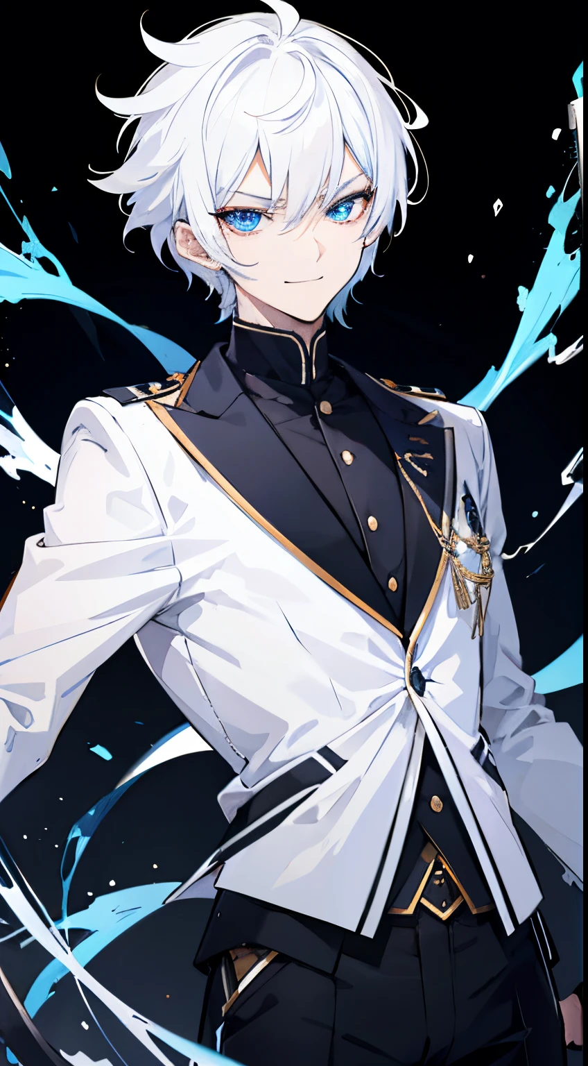 A man, solo, gantleman, black background, wearing a korean high school uniform, white hair, short hair, blue eyes, badass, smirk, flow of magic surrounding his body
