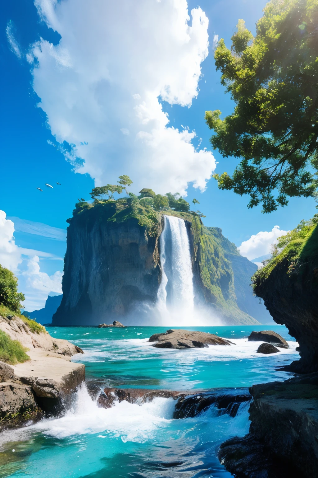 concept-art, No humans, water in the sea, skyporn, day, tree, cloud, Waterfall, Outdoors, building, Nature, Blue sky, Final Fantasy 13