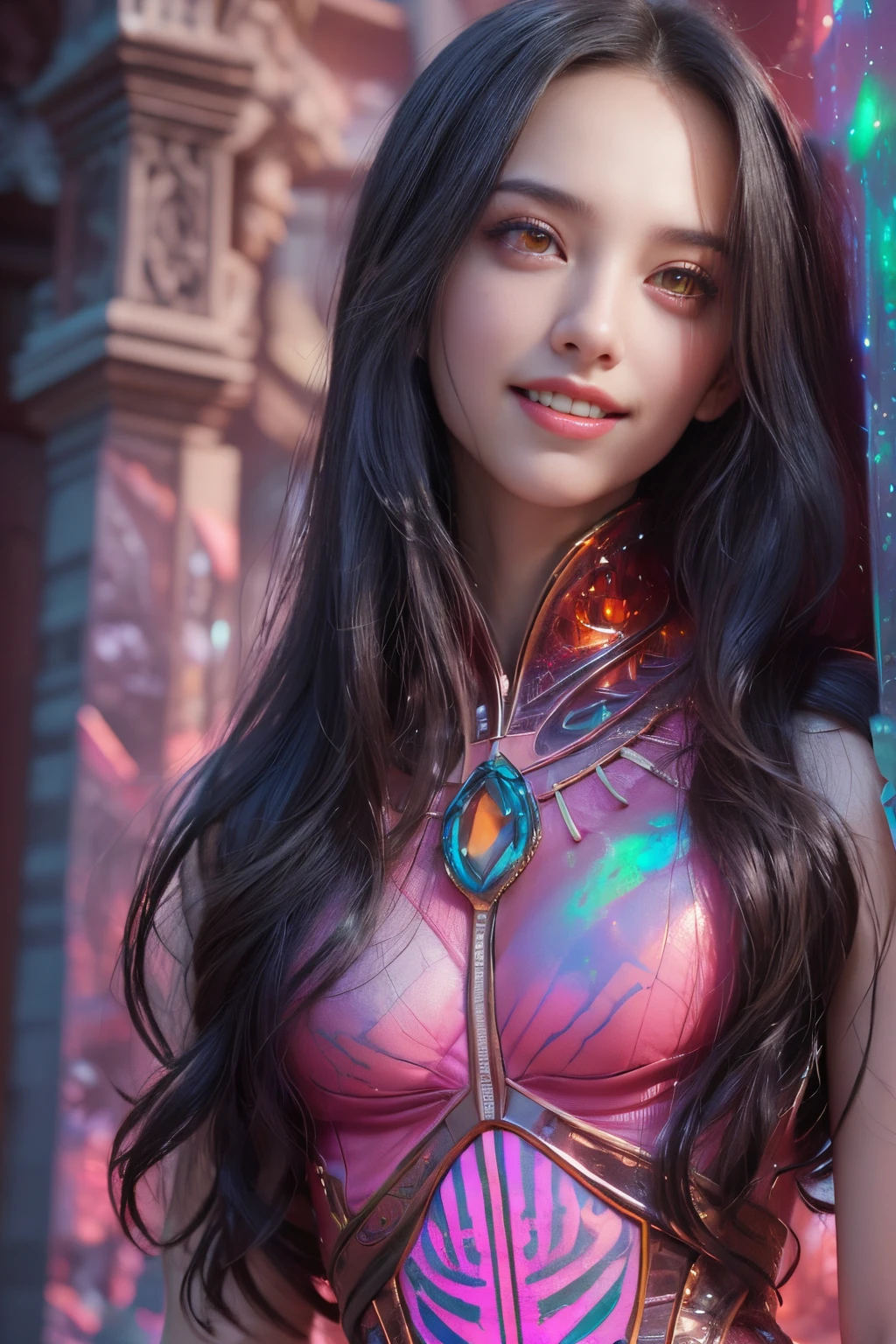 Portrait, beautiful woman with black hair and a silky pink dress, hourglass figure, symmetrical figure, highly detailed face, beautiful face, calming blue eyes, lush pink lips, smiling, alluring, stunning digital illustration, cosmic fantasy background, beautiful digital artwork, magenta lighting, glossy digital painting, gorgeous digital art, 4k detailed digital art, beautiful digital illustration, 4k highly detailed digital art, beautiful digital art, realistic digital art 4k, realistic digital art 4k, airbrush digital art