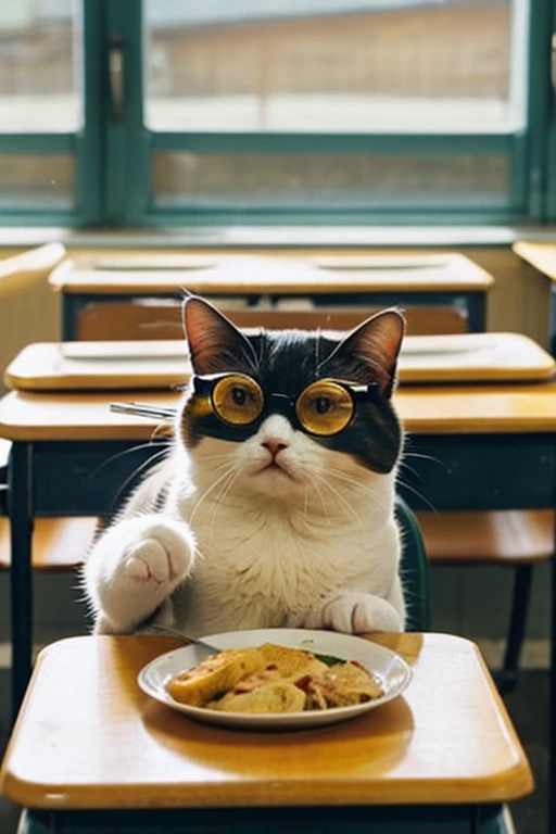 A round-eyed cat with glasses is sitting on a chair while eating school lunch, ‎Classroom,multi-row table, , face the blackboard, Daylight outside the window