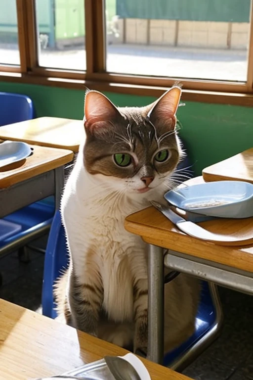 A round-eyed cat with glasses is sitting on a chair while eating school lunch, ‎Classroom,multi-row table, , face the blackboard, Daylight outside the window