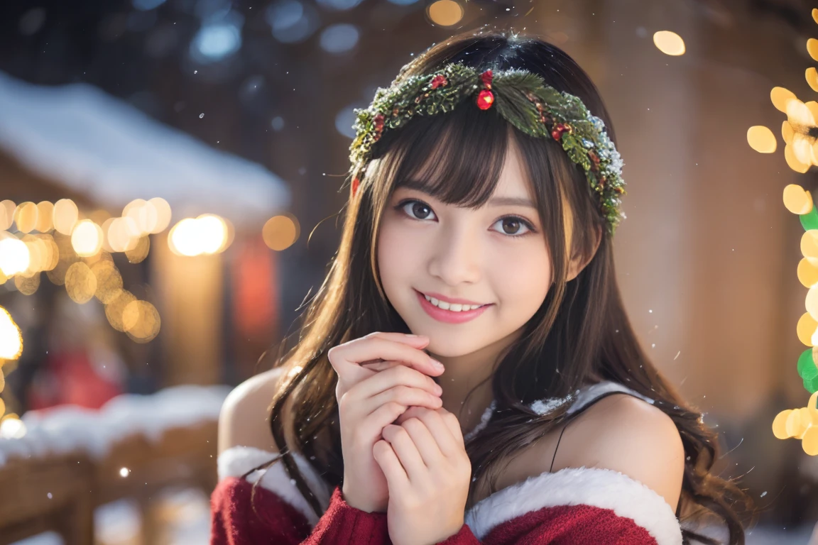 christmas eve girl,Beautiful detailed eyes,Beautiful detailed lips,extremely detailed eye and face,long eyelashes,Christmas themed clothing and accessories,Cute smile,Enjoy the festival atmosphere,Comes with a beautifully wrapped gift box,outdoor snow scene,soft vibrant colors,Warm and cozy lighting,Portraits,Snowflakes falling in the background,delicate snow details,Twinkling lights,There was joy and excitement in her eyes.............,zora々Innocence,High Quality Illustrations(4K,hight resolution,masutepiece:1.2),dreamy ambiance、Little Girl、a baby face、childish、off shoulders、A smile、鎖骨、White breasts、thighs thighs thighs thighs