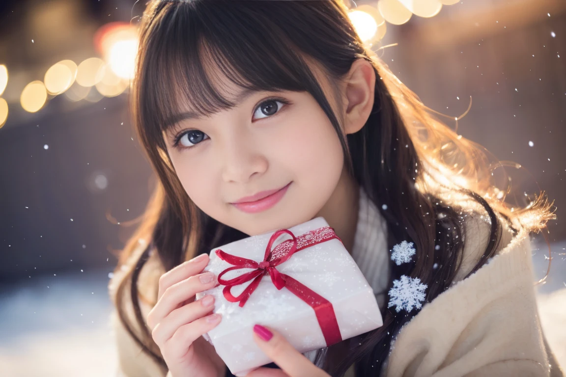christmas eve girl,Beautiful detailed eyes,Beautiful detailed lips,extremely detailed eye and face,long eyelashes,Christmas themed clothing and accessories,Cute smile,Enjoy the festival atmosphere,Comes with a beautifully wrapped gift box,outdoor snow scene,soft vibrant colors,Warm and cozy lighting,Portraits,Snowflakes falling in the background,delicate snow details,Twinkling lights,There was joy and excitement in her eyes.............,zora々Innocence,High Quality Illustrations(4K,hight resolution,masutepiece:1.2),dreamy ambiance、Little Girl、a baby face、childish、off shoulders、A smile、鎖骨、White breasts、thighs thighs thighs thighs