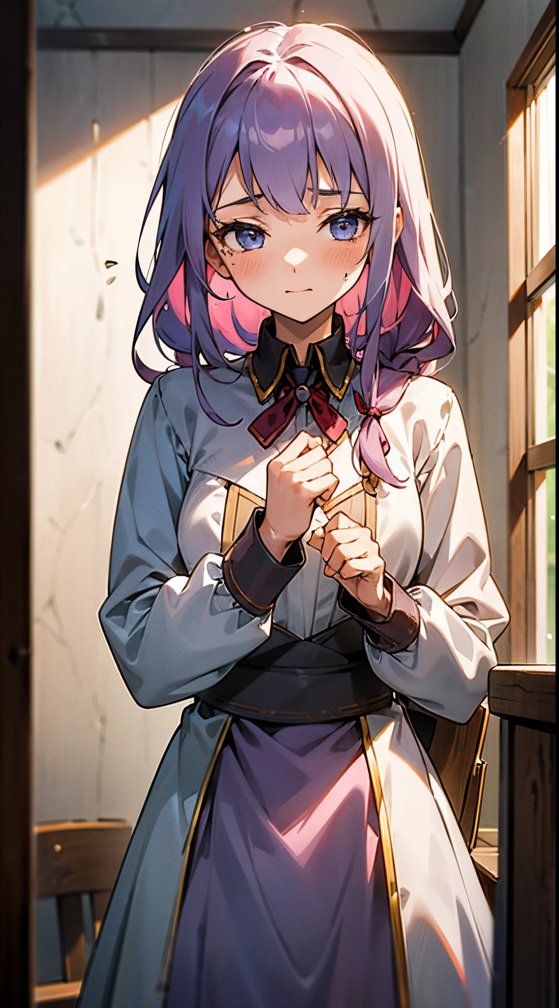 old anna millers uniform, The chest is fluttering, D-cups, Beautiful slender 18 year old girl, shyly shy,   Family restaurant store, He is leaning forward and taking orders while looking at the camera.