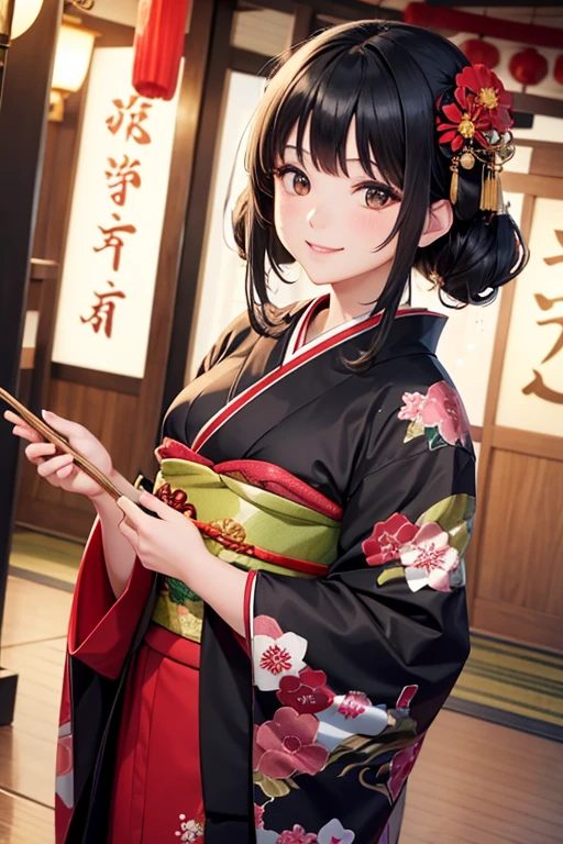 Smiling black-haired girl wearing a kimono celebrating the New Year