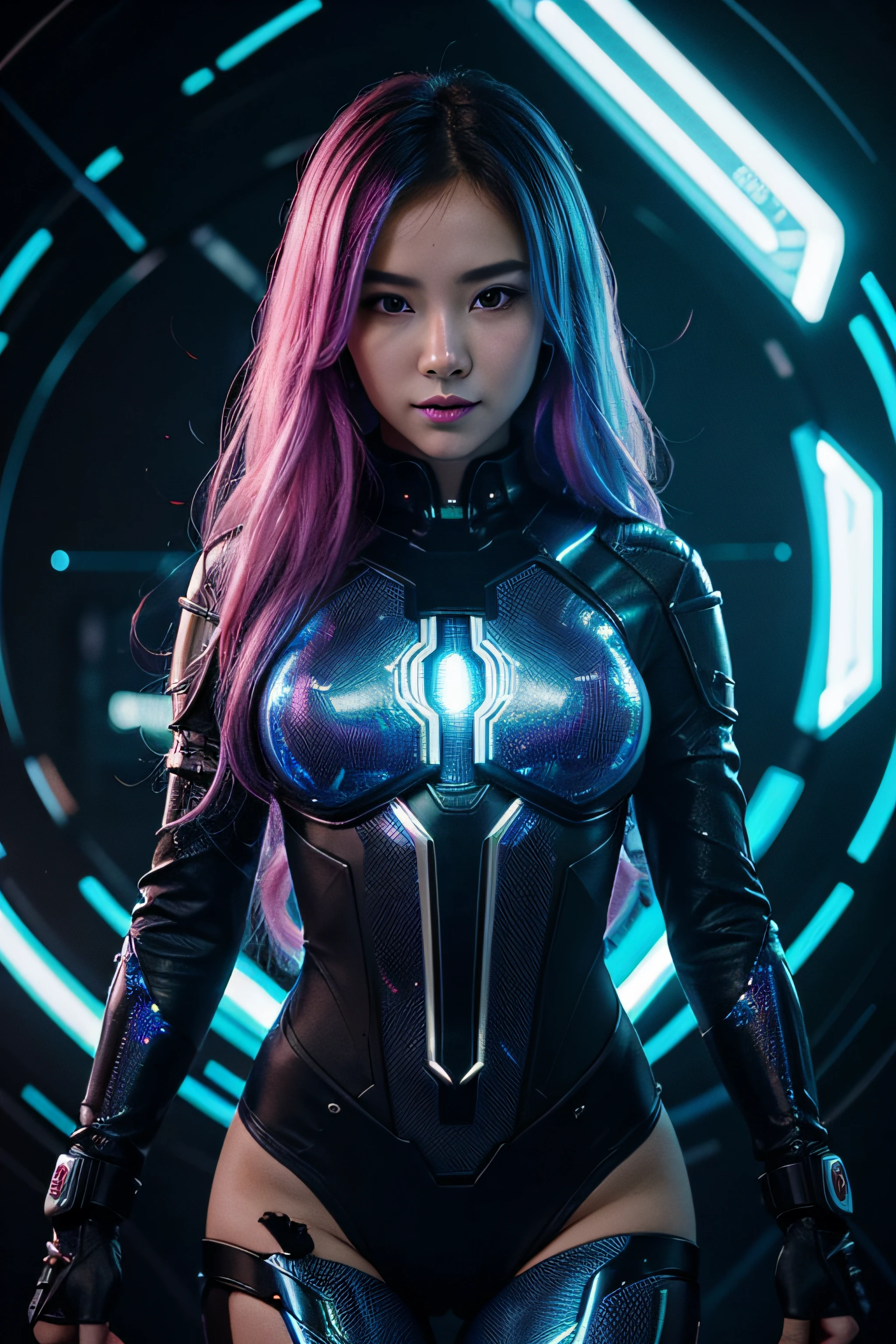 high quality, 8K Ultra HD, full body, have a cyber saber, a mesmerizing 20-year-old woman with a futuristic beauty that seems to transcend time and space, intricately woven into her very being, encased in the cybernetic suit, move with fluidity and precision, Her flowing hair resembles streams of neon lights, casting a vibrant glow that adds a touch of cyberpunk brilliance to her appearance, Each strand of hair is meticulously crafted with holographic patterns that shimmer and shift, creating an ever-changing display of colors, by yukisakura, highly detailed,
