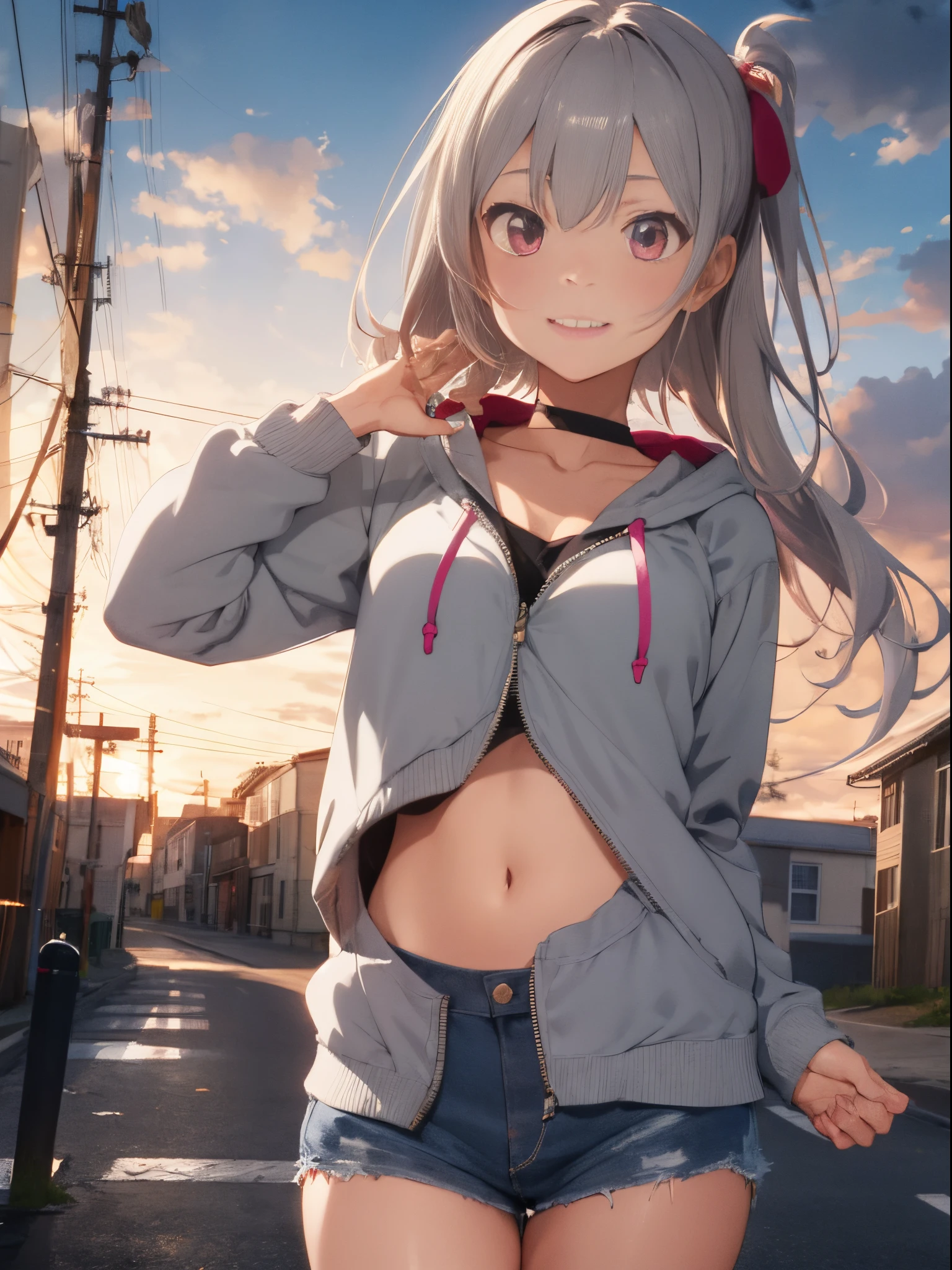 tmasterpiece，1 sister，独奏，Long gray hair，，hoody，navel，(Lower chest 1.2)，pink minkirt，Hipovie anime style on hand，(evening，Cloud)，