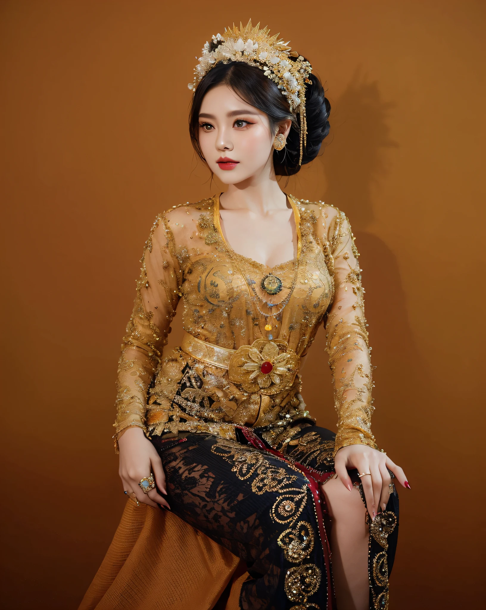 arafed woman in a red dress with a gold headpiece, traditional beauty, portrait of modern darna, traditional makeup, sukhothai costume, nivanh chanthara, traditional dress, traditional art, traditional, in style of lam manh, traditional clothes, in style of thawan duchanee, wearing traditional garb