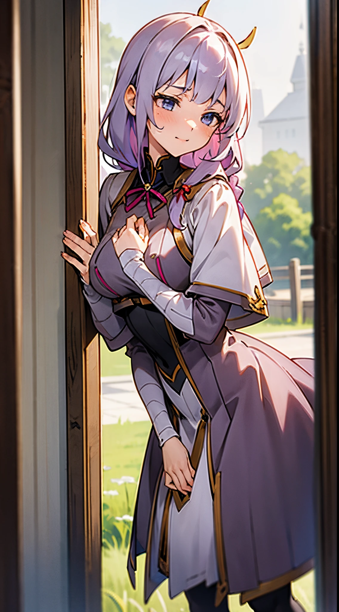 Anime girl with purple hair and horns leaning against a window - SeaArt AI