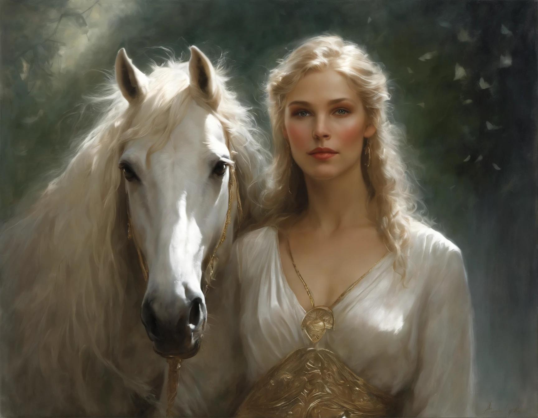 真实感, dark fantasy style, John Tolkien style, Small painting by Jean-Baptiste Monge, portraite of a, looks from the front, Soft facial features, Green-eyed angel girl with feathers on her wings hugs a white horse, wings clearly in the center of the back, Human Hand, Very clear, Without flaws, bright makeup in five fingers, hugs a horse with wings, Average height, dark pink lips, thin lip shape ,"Cool eyebrows in the shape of Angryburts, dark brown eyes, green colored eyes, bright green eye color, drooping eye shape, drooping corner of the eye, looking at away, black hair, hair braided in a long thick tight braid, classic braid, hairstyle with classic braid, slightly upturned duck nose, in the hands of the sword of the heavenly warrior, Human Hand, Very clear without flaws with five fingers ,in the form of a Valkyrie, Carol Buck style, behind his back are huge open angel wings, Sword in hand,golden cape on the wings, Slightly naked, Priestesses, dressed in white and gold clothes, holy golden armor, Celestial Queen, next to him stands a white horse with wings, hugging the horse in the foreground, rain dripping in the foreground, The sky, rainbow, Jean-Baptiste Monge, anthropomorphic --ar 2:3 --testp -optimistic;