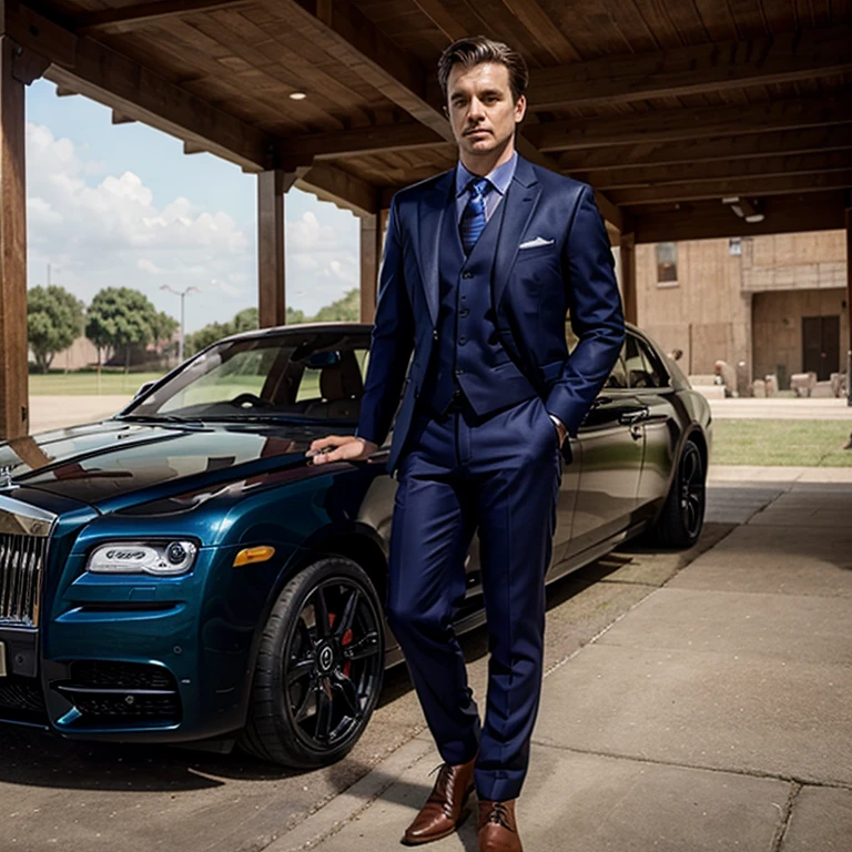 A white man in a beautiful and expensive suit standing near his rolls Royce