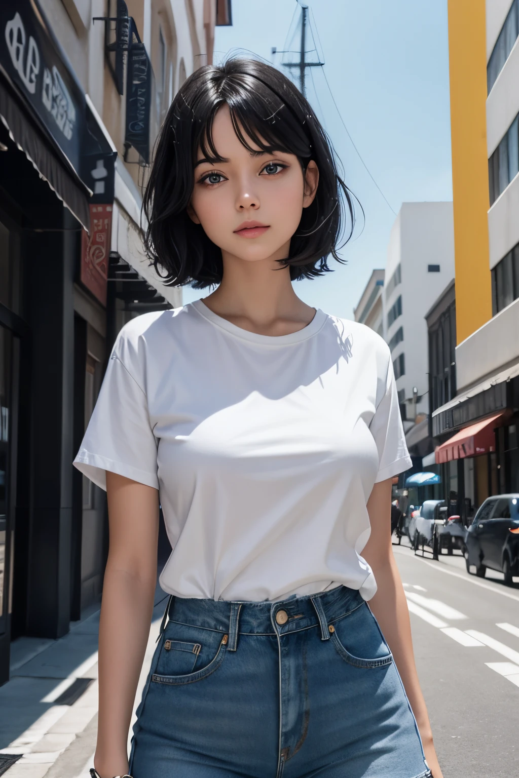 1girl, short black hair, blue eyes, wearing plain white shirt, denim shorts, city, absurdres, high res, ultrasharp, 8K, masterpiece, looking at viewer