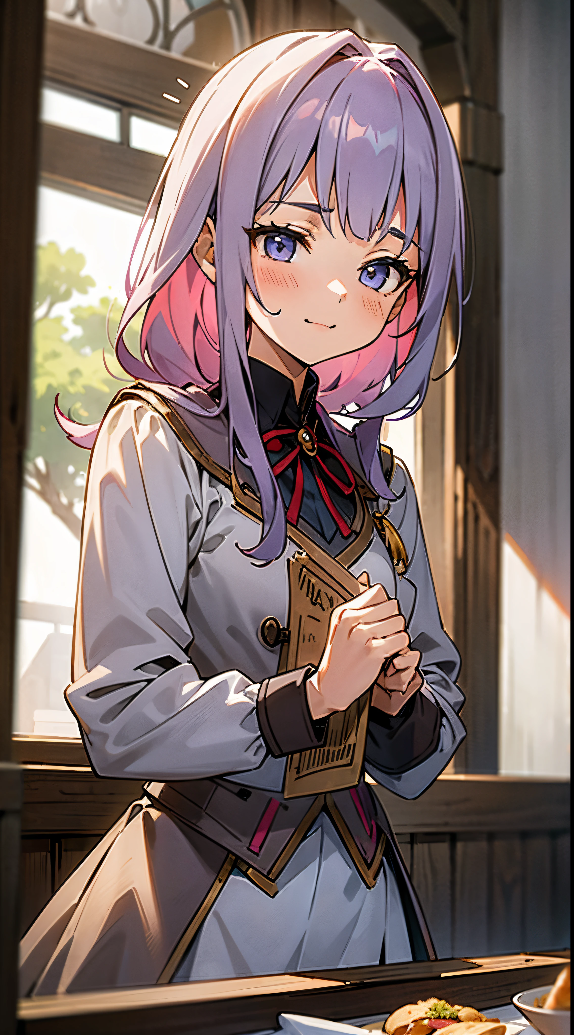 Anna Millers old uniform, The chest is fluttering, D-cups, Slender beautiful 18 year old girl, full of shyness, family restaurant store, He is leaning forward and looking at the camera while taking orders.