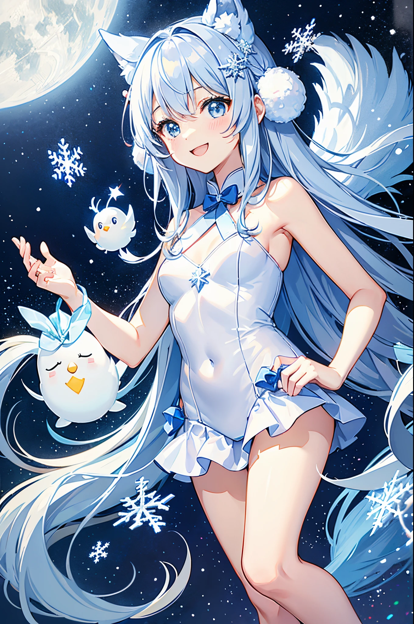 Cute girl wearing Santa Claus leotard、Light blue long hair、Twin-tailed、adorable smiling、In the snow forest、((Is it a snowflake?、It's shining all over)).night sky moon and star light、A reindeer and a pure white owl are together。
