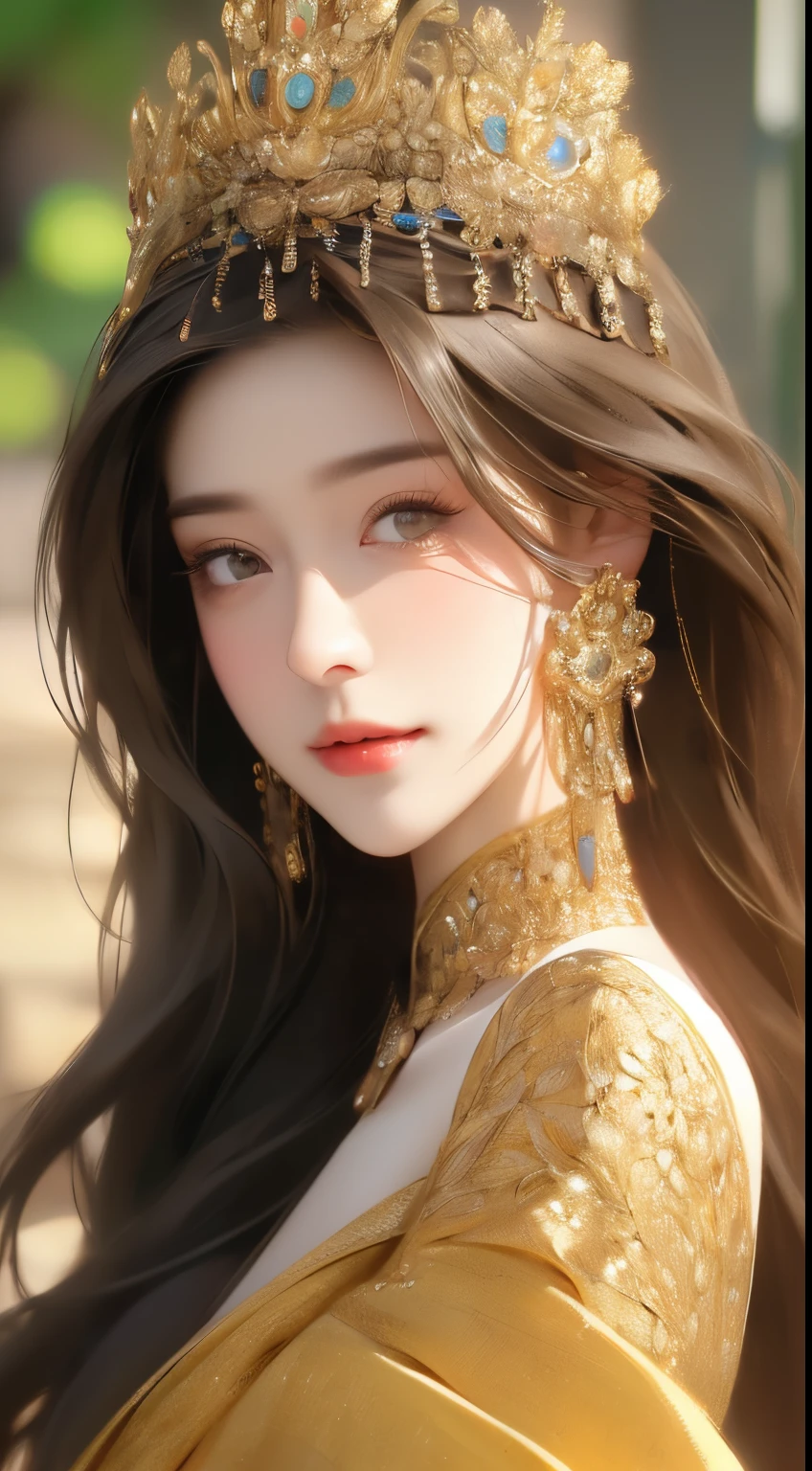 ((Best quality, 8k, Masterpiece :1.3)), 1girl, smiling, full body, slim face, Pretty woman, (Dark brown hair), full length dress :1.1, Ultra-detailed face, Detailed eyes, Double eyelid, blur background, slim face, city, outside, street,