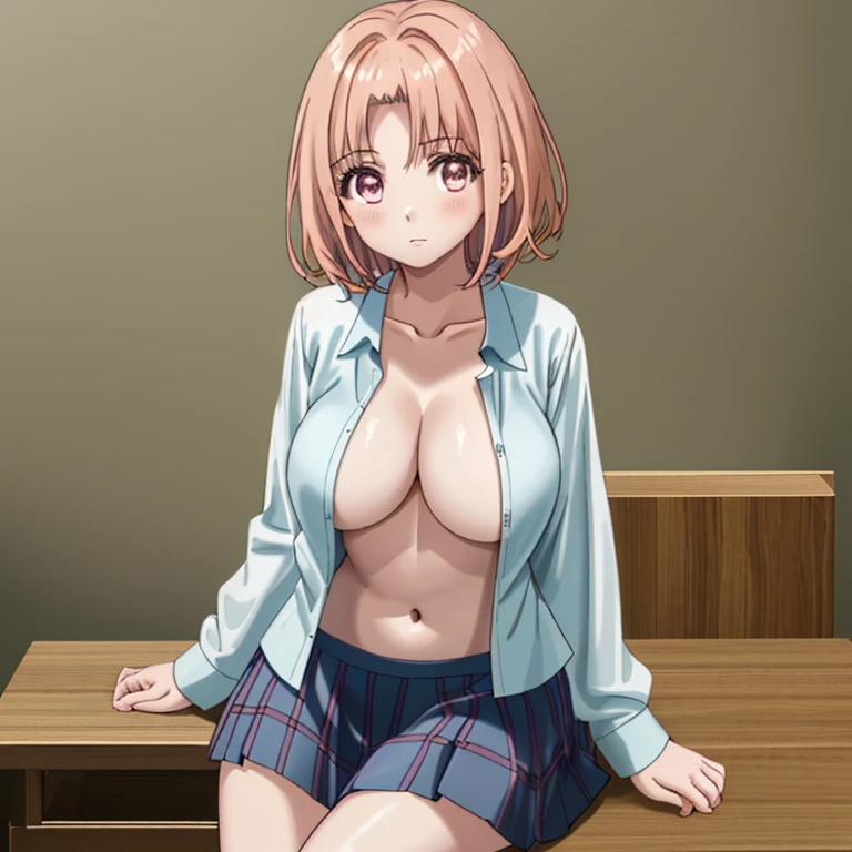 1girl in, Yuigahama Yui, , Short hair,Pink hair,(large boob), (Best Quality, hight resolution, 4K, Detailed Lighting, Shaders), Sitting on the bed、School Uniforms, Open Shirt, Upper body,are visible、Open front Y shirt、Nipples are visible、Nude with big breasts and beautiful eyes、Shy face、