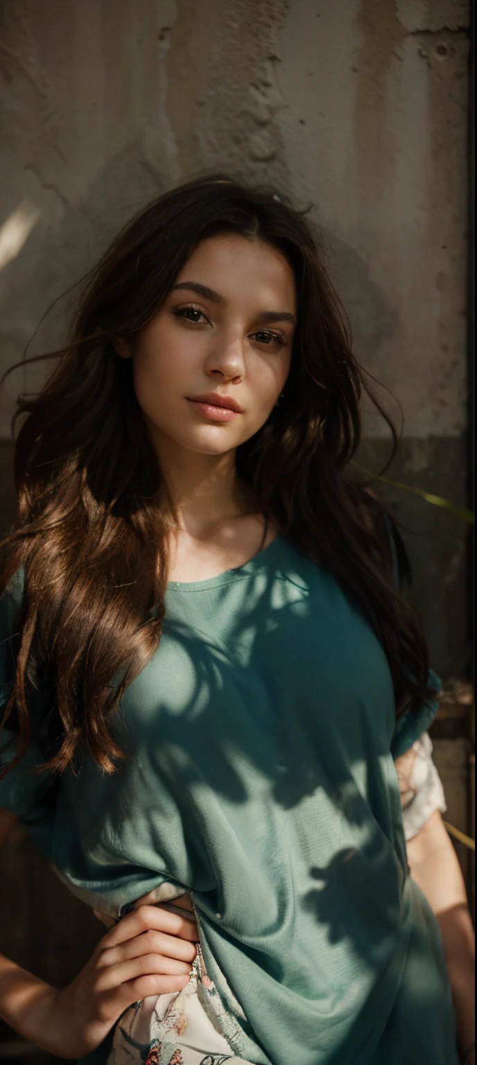 Digital portrait of a Russian beauty on a delightful day. This portrait best conveys female beauty.: Shiny curly hair, Brown eyes, perfect olive skin. Extremely realistic textures and warm colors add the finishing touch.. Sharp focus and realistic shadows complete the picture..