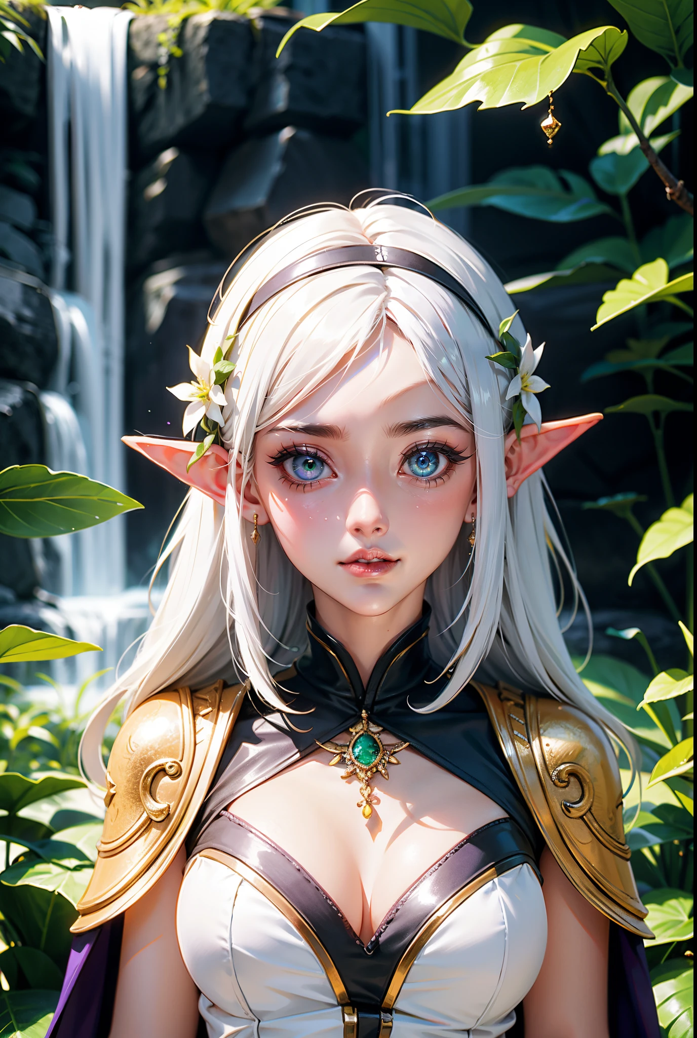 Sweet Face,Glowing Eyes, Elven Ears,white hair, Purple And Green outfit, Waterfall background, Highest Quality, Raytraced 8k, Wallpaper, Highest Graphical Quality,